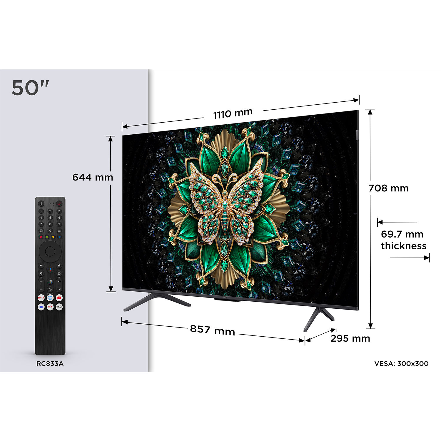 50-Zoll-Fernseher mit Fernbedienung. Abmessungen: 1110x708x69,7mm, 857mm Breite.