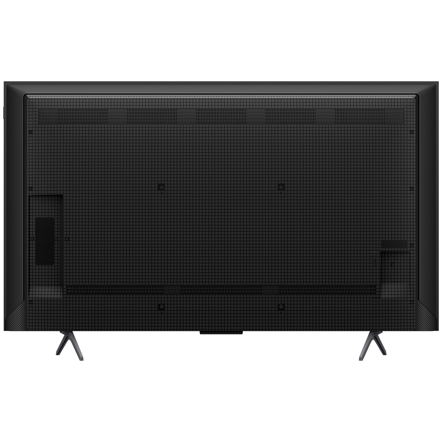Rückseite eines schwarzen Fernsehers mit Gitternetzmuster und zwei Standfüßen.