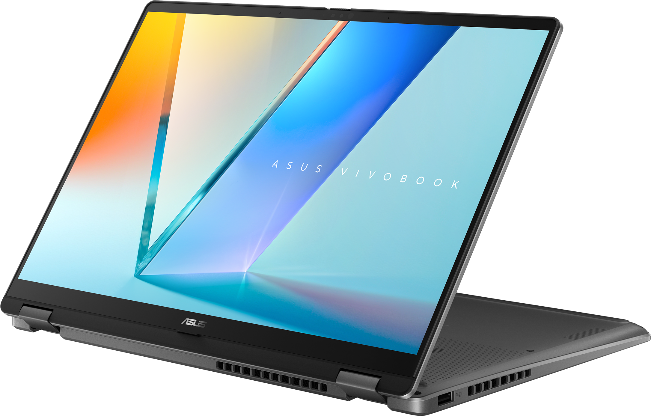 Ein geöffneter grauer Asus Vivobook Laptop mit buntem Hintergrund.