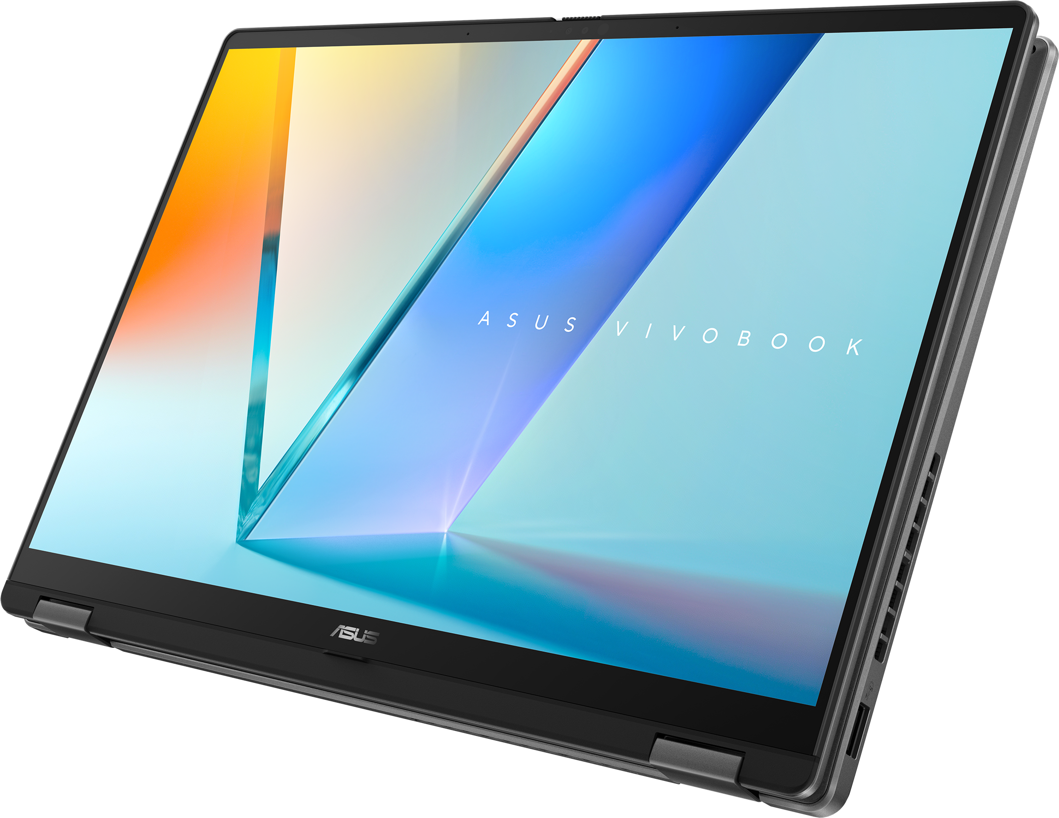 Ein silberner Asus Vivobook Laptop mit abstraktem, hellem Hintergrund.