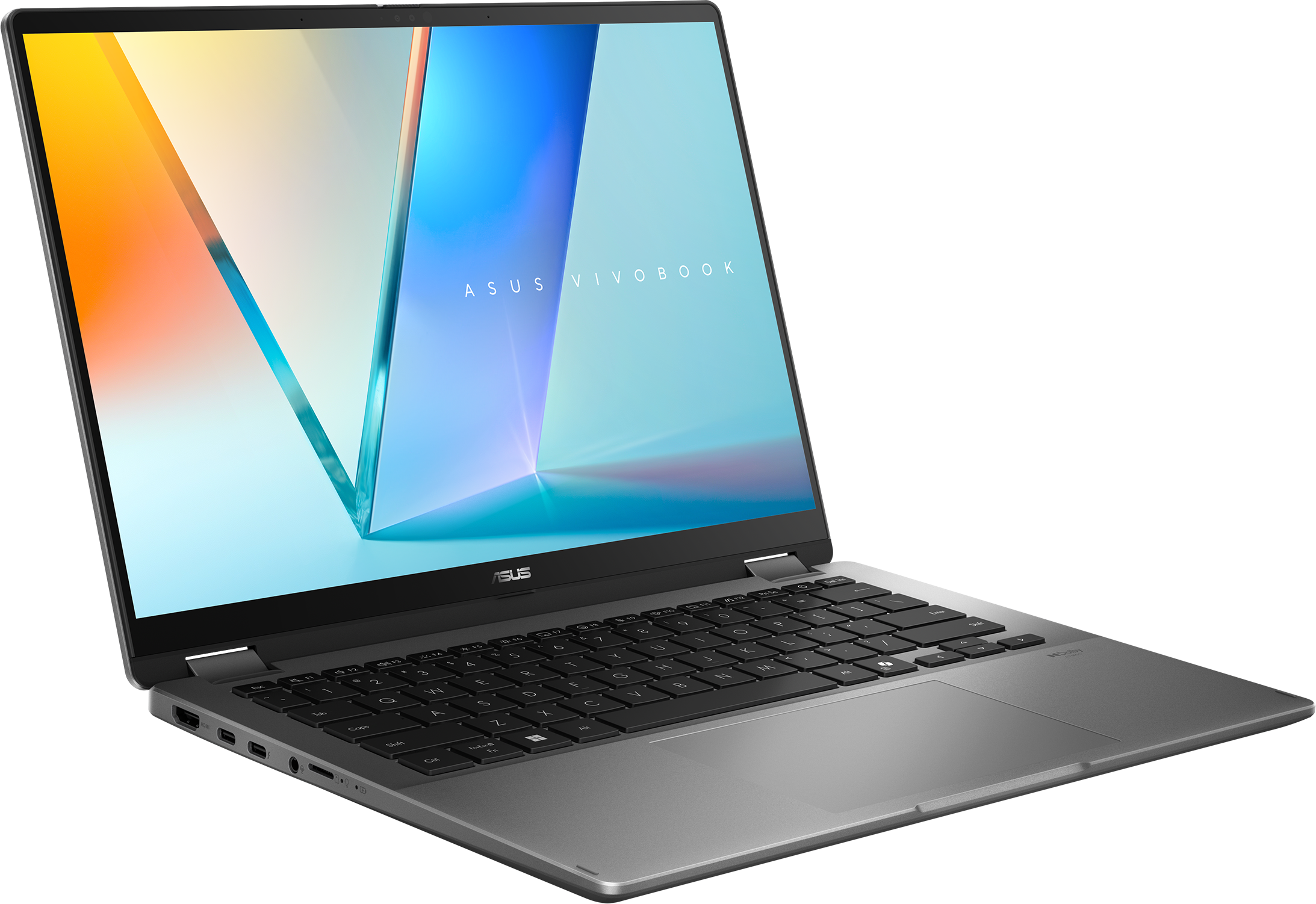 Ein silberner Asus Vivobook Laptop mit beleuchtetem Bildschirm und Tastatur.