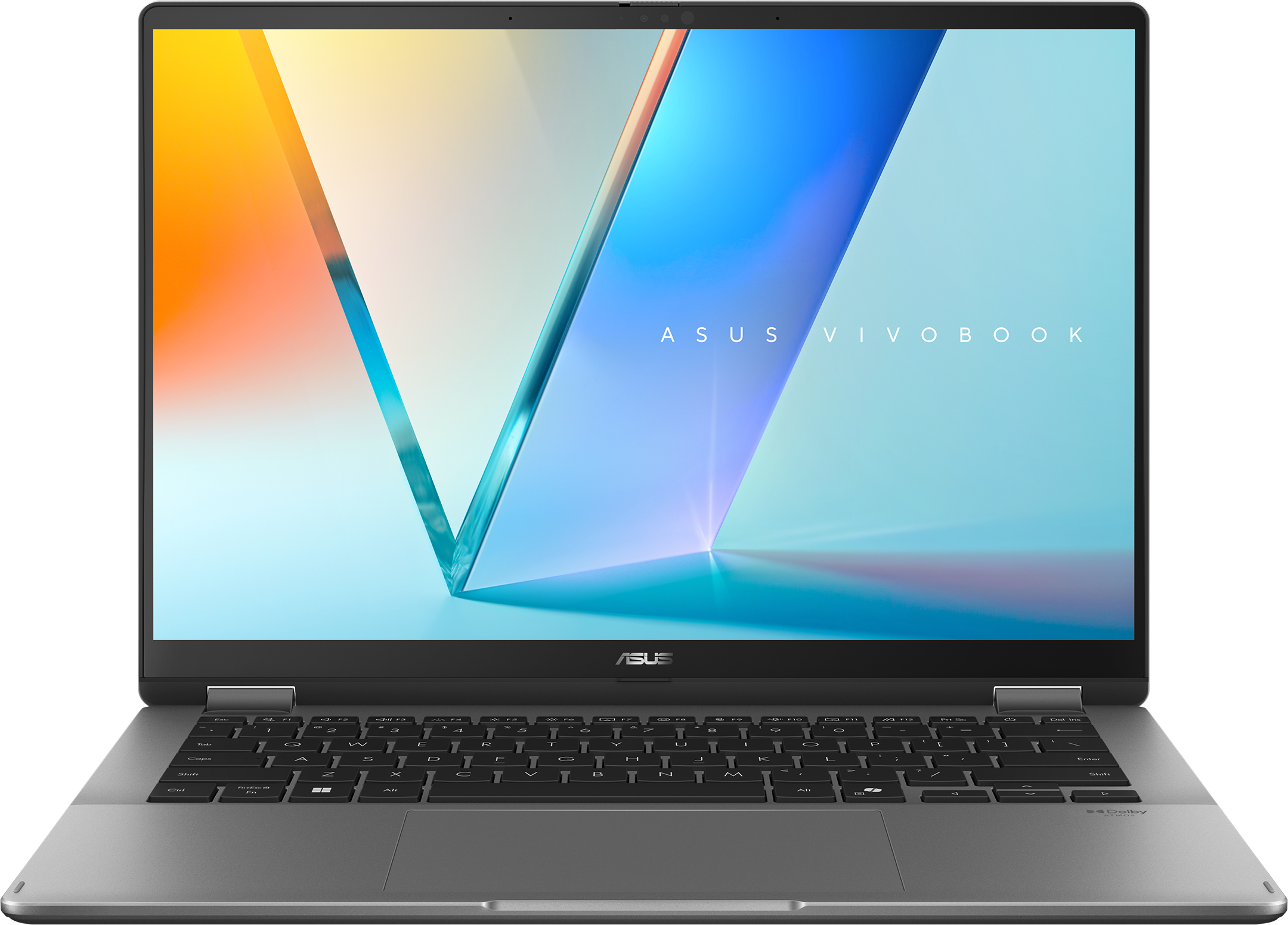 Ein silberner ASUS Vivobook Laptop mit einem abstrakten, farbigen Hintergrund auf dem Bildschirm.