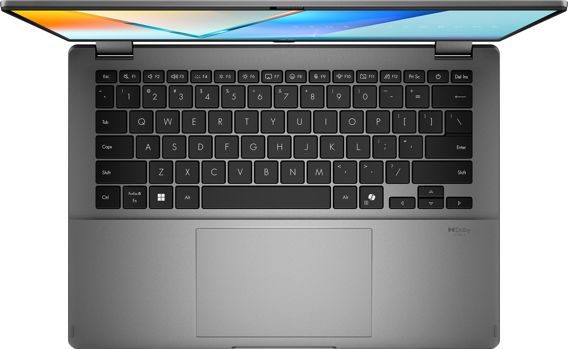 Grauer Laptop mit geöffnetem Bildschirm und Tastatur.