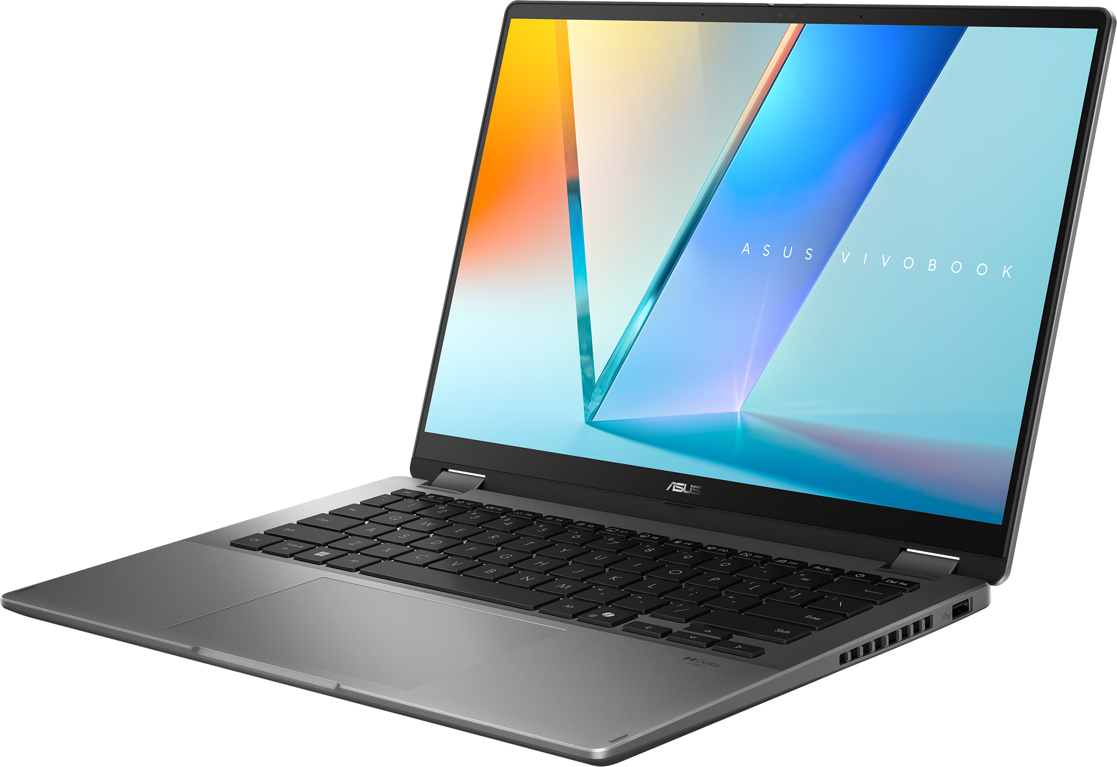 Ein silberner Asus Vivobook Laptop ist geöffnet, mit bunter Wallpaper auf dem Bildschirm.