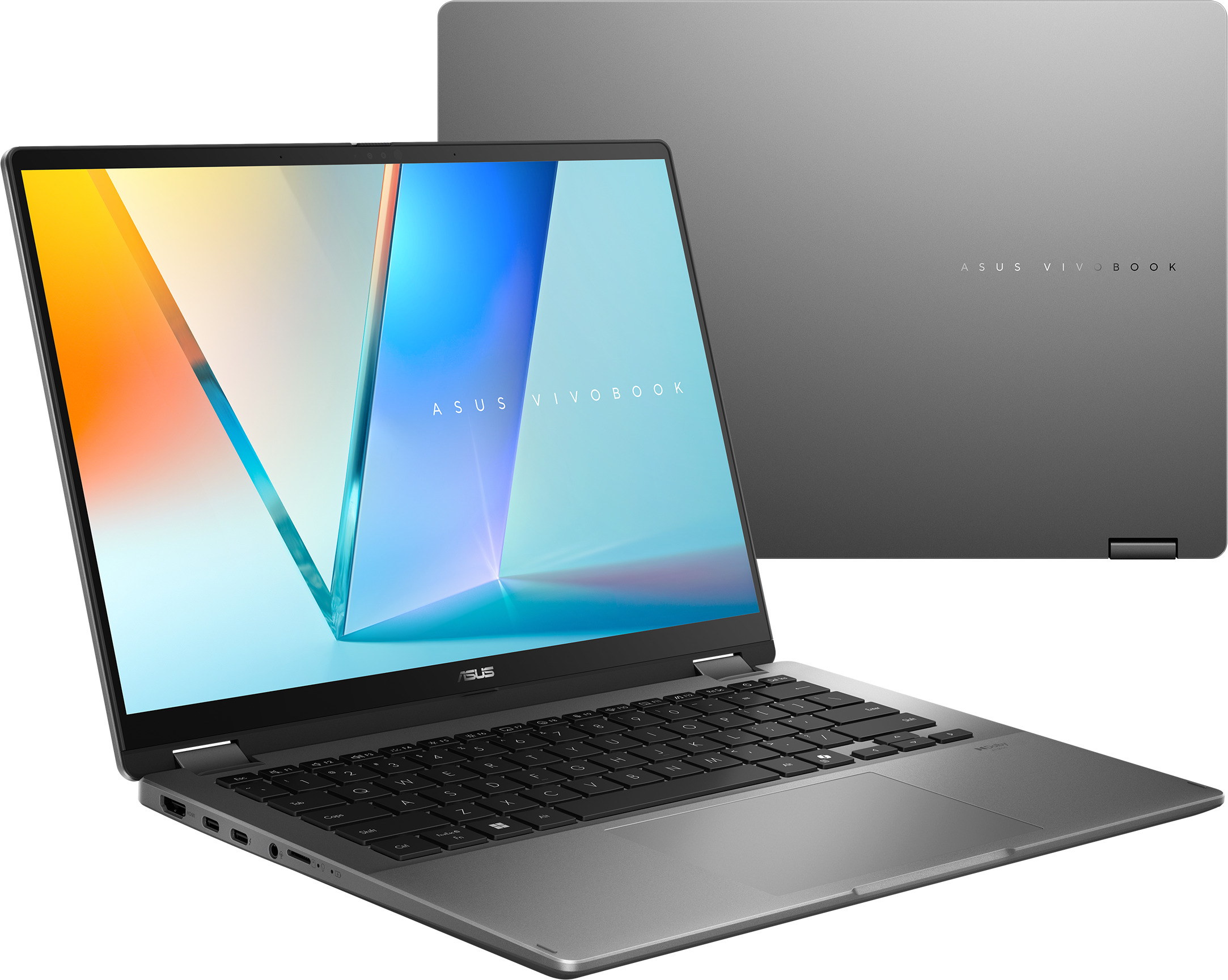 Ein silberner Asus Vivobook Laptop mit beleuchteter Tastatur und abstrakter Hintergrundgrafik.