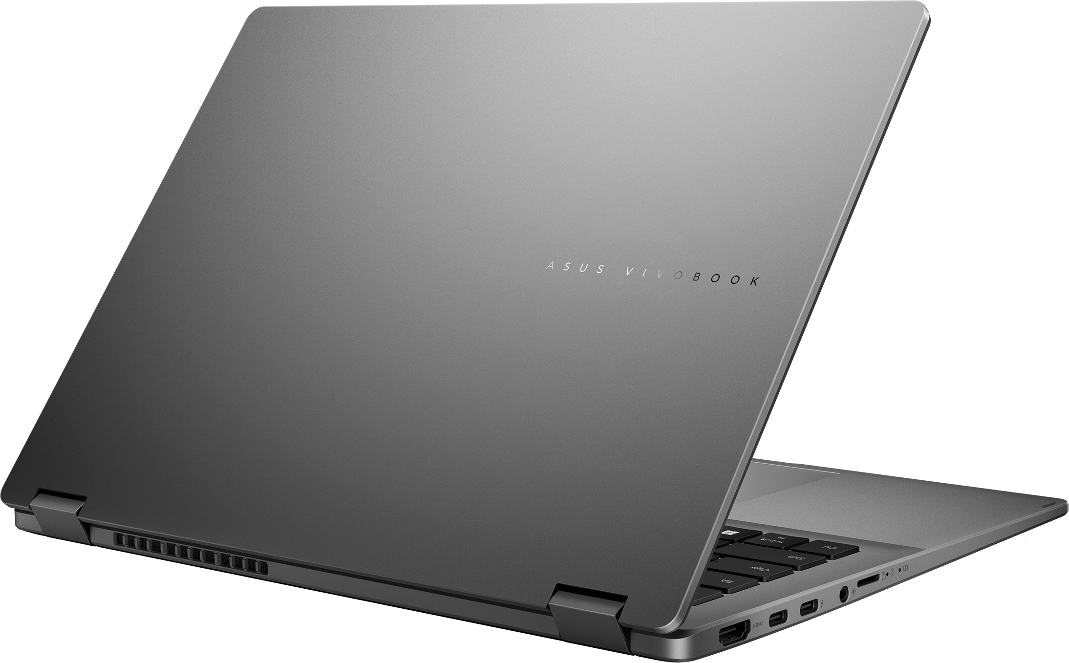 Grauer Laptop geöffnet, mit "ASUS VIVOBOOK" Logo auf dem Deckel.