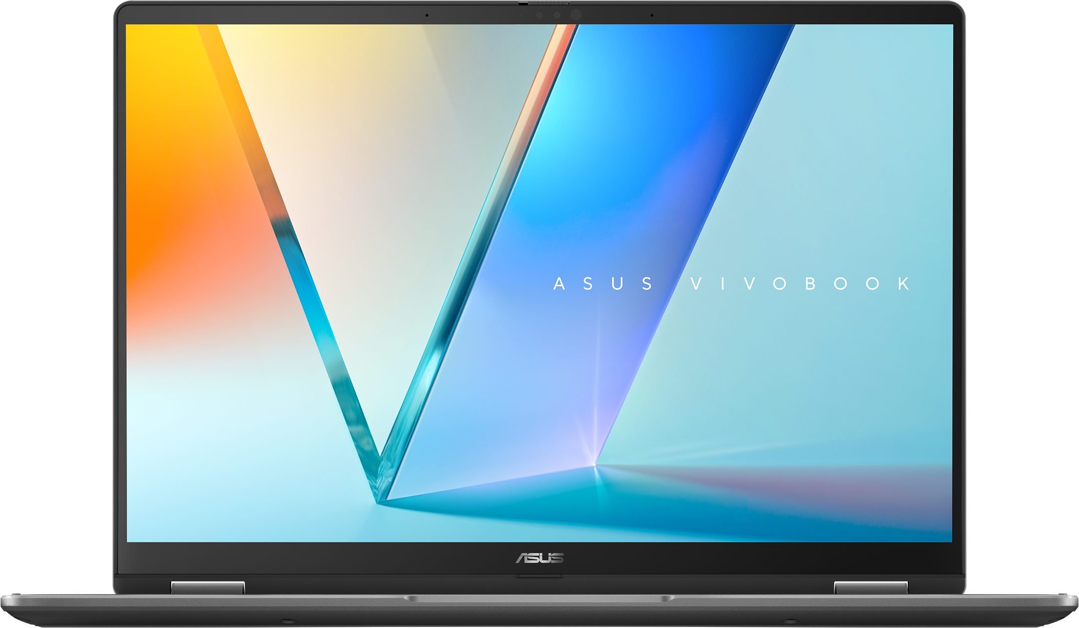 Ein geöffneter Laptop mit einem bunten Hintergrund und dem Schriftzug ASUS VIVOBOOK.