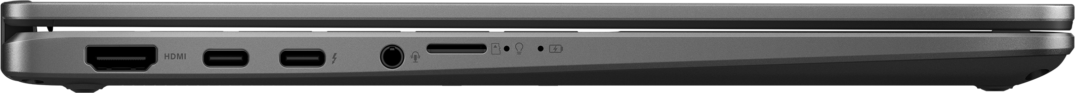 Seitenansicht eines grauen Laptops mit Anschlüssen: HDMI, USB-C, Audiobuchse, SD-Kartensteckplatz.