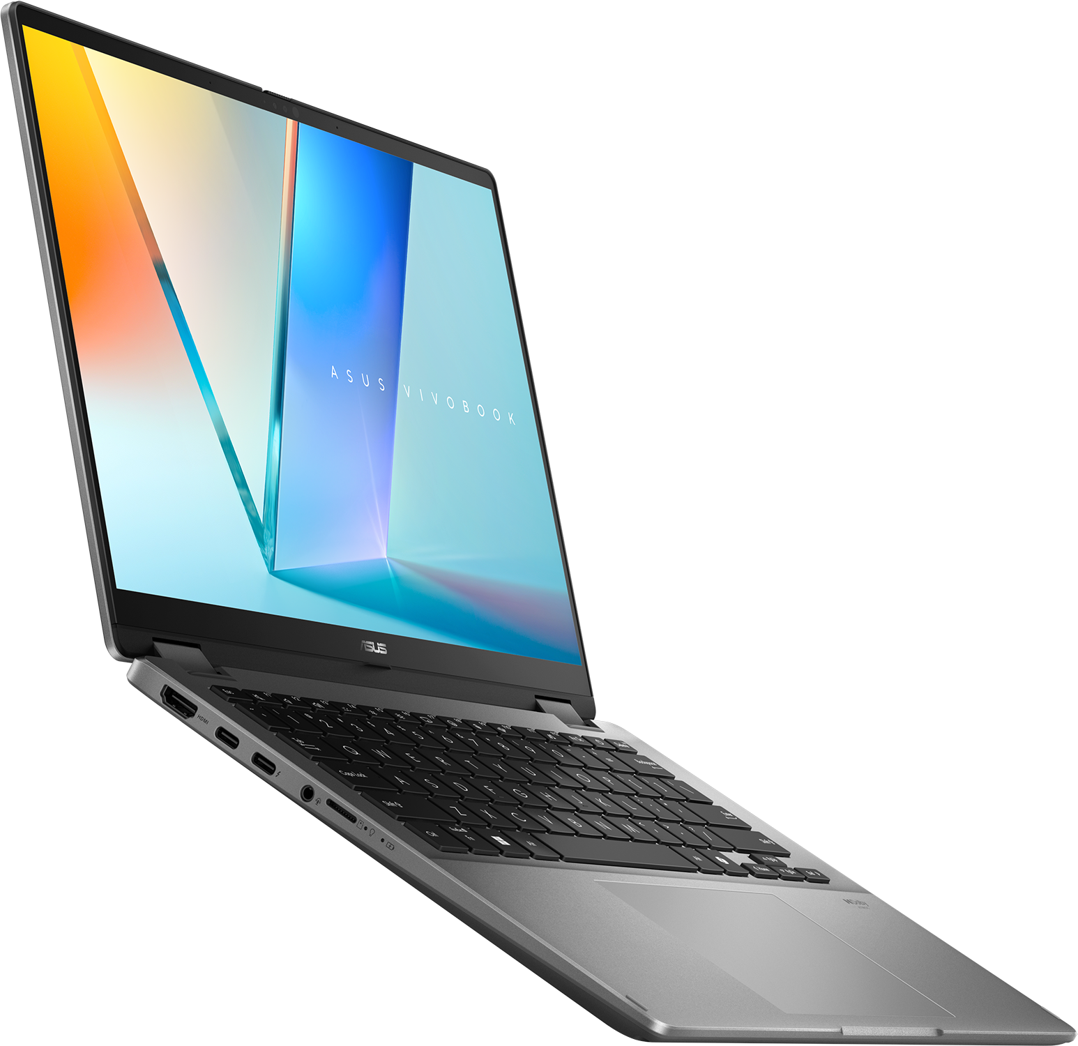 Ein silberner Asus Vivobook Laptop mit beleuchtetem Bildschirm und Tastatur.