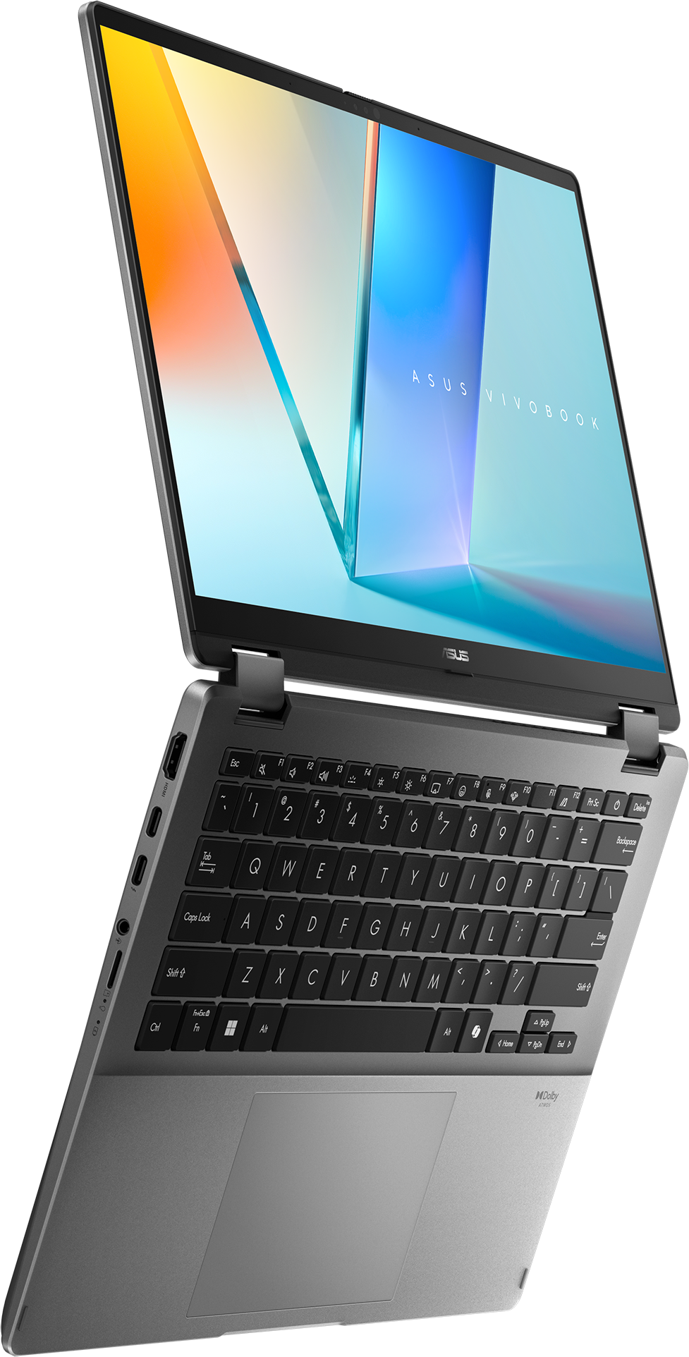 Geöffneter grauer ASUS Vivobook Laptop mit abstraktem bunten Hintergrund. Tastatur sichtbar.