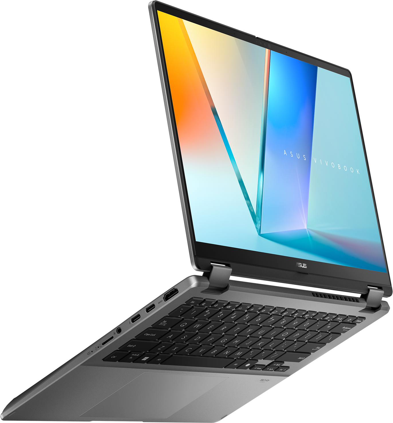 Ein silberner Asus Vivobook Laptop mit beleuchteter Tastatur auf schwarzem Hintergrund.