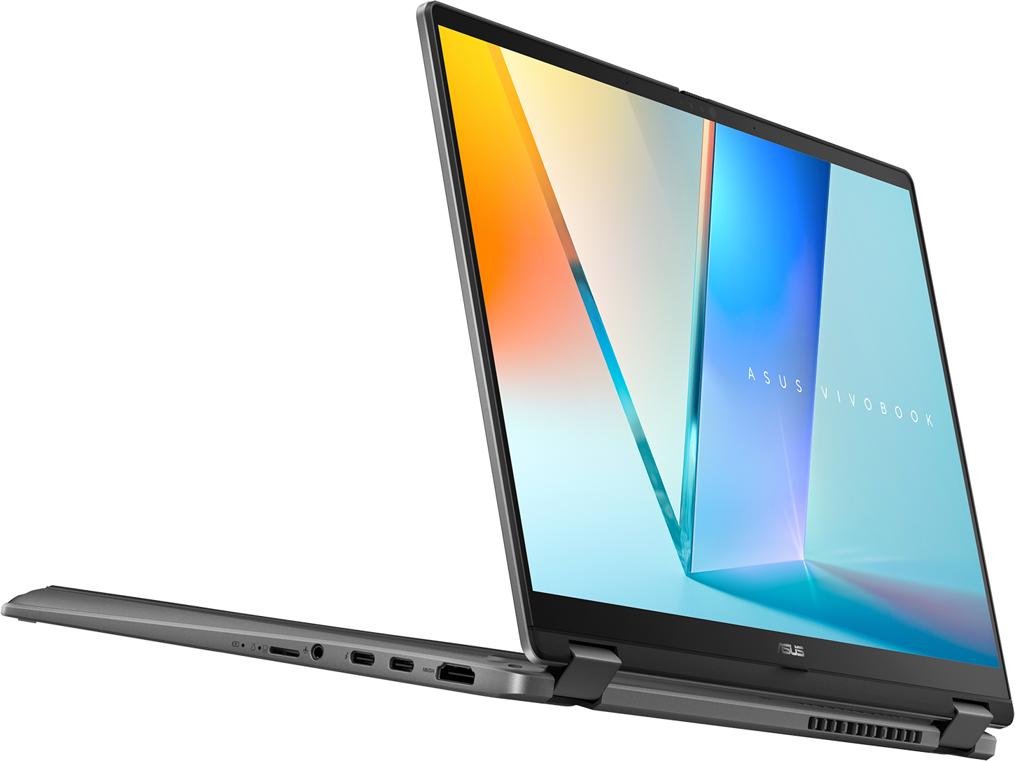 Ein silberner ASUS Vivobook Laptop ist geöffnet und zeigt ein buntes abstraktes Hintergrundbild.