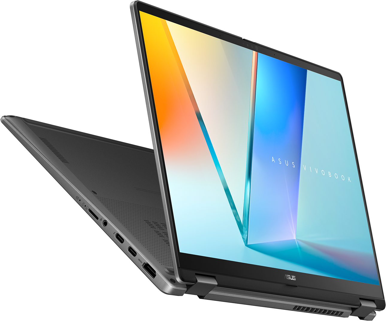 Ein silberner Asus Vivobook Laptop ist geöffnet und zeigt einen bunten Bildschirm.