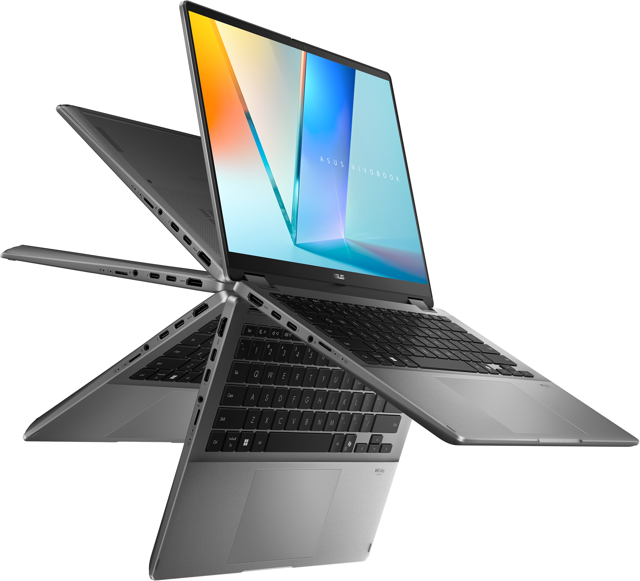 Grauer Asus Vivobook Laptop mit geöffnetem Bildschirm auf schwarzem Hintergrund.