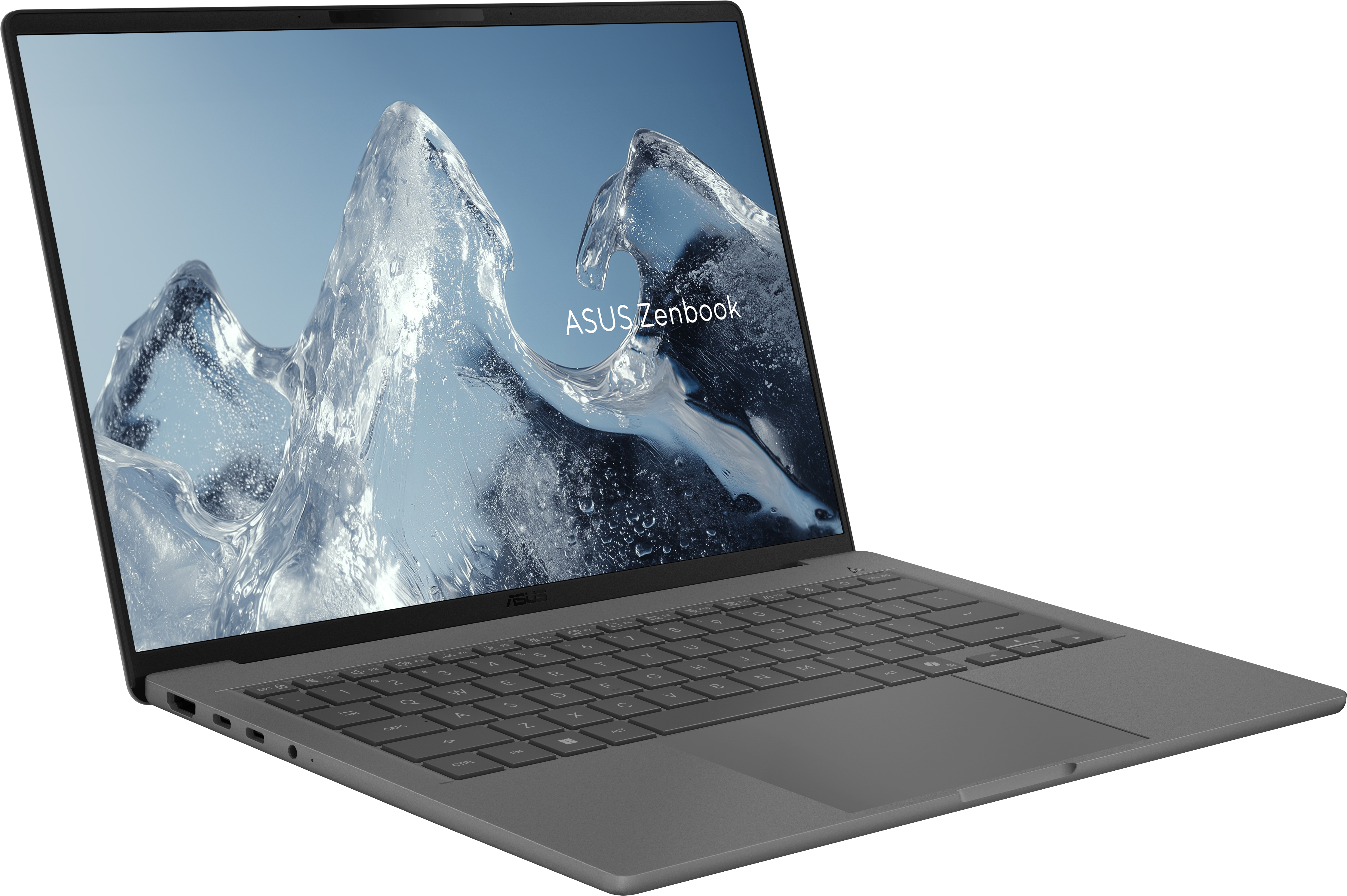 Grauer ASUS Zenbook Laptop mit Eis-Tapete auf dem Bildschirm.