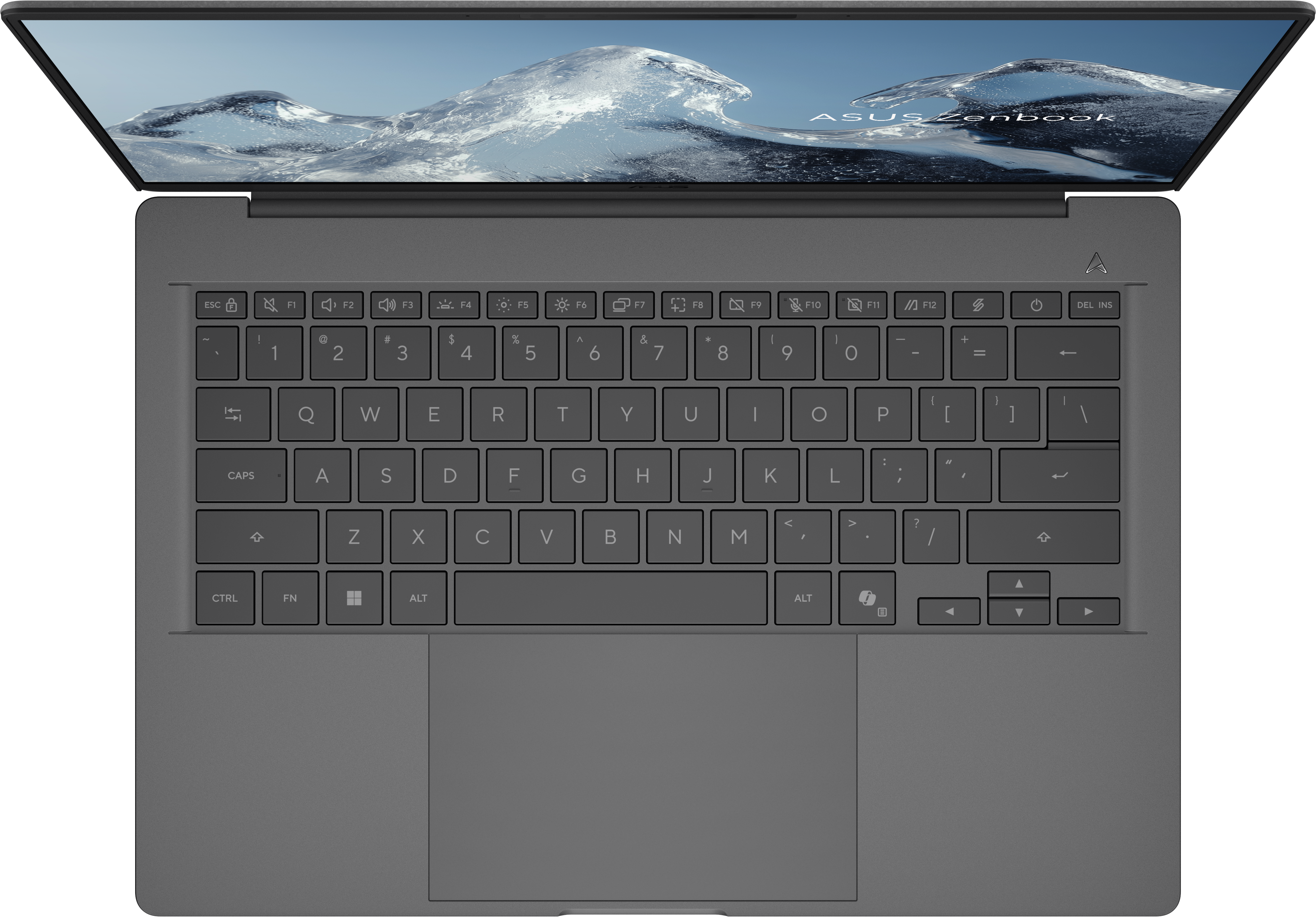 Grauer Laptop mit offenem Deckel und Eisgebirge-Hintergrundbild.