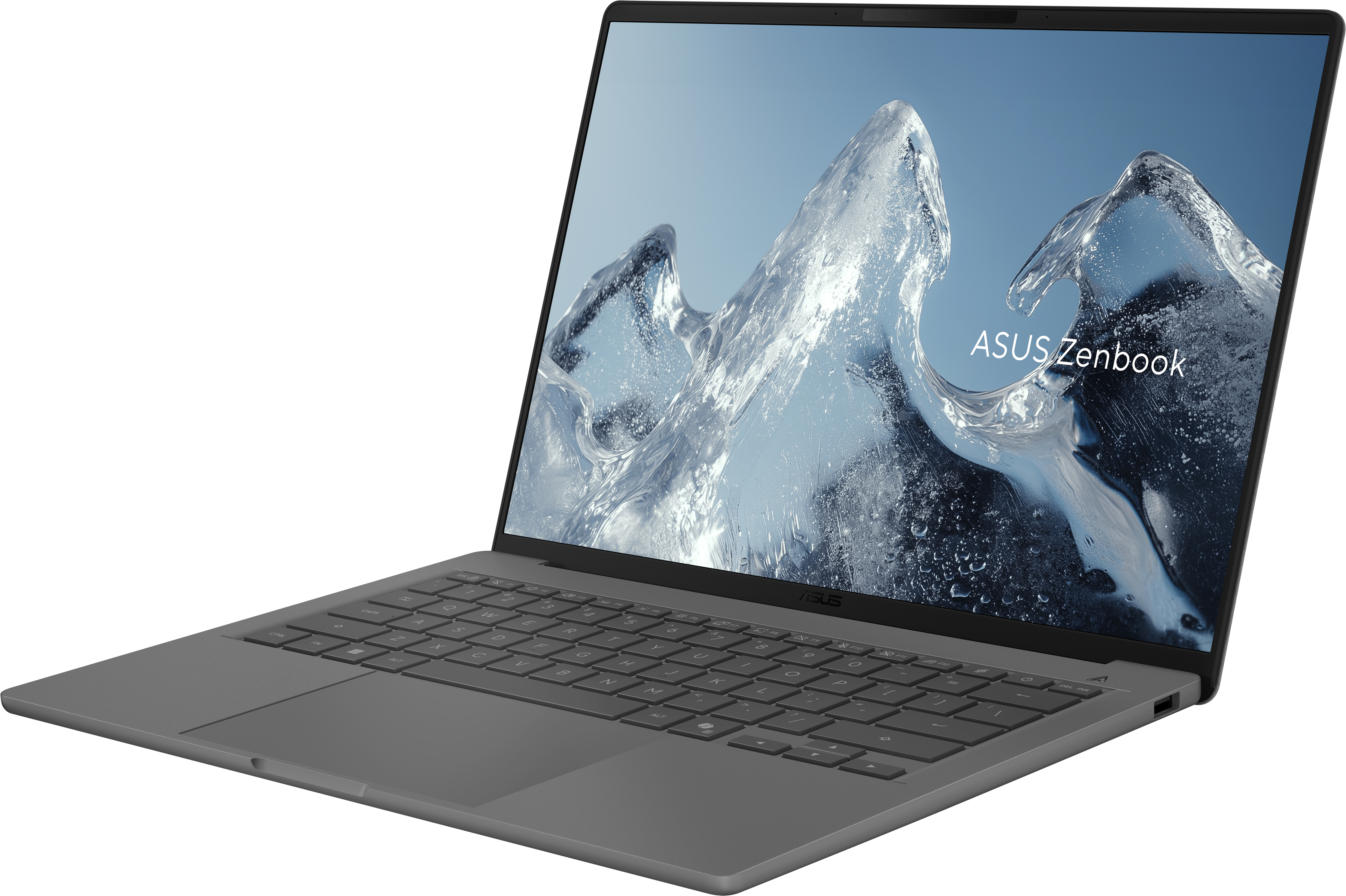 Graues ASUS Zenbook Laptop mit Eis-Hintergrundbild, seitliche Ansicht.