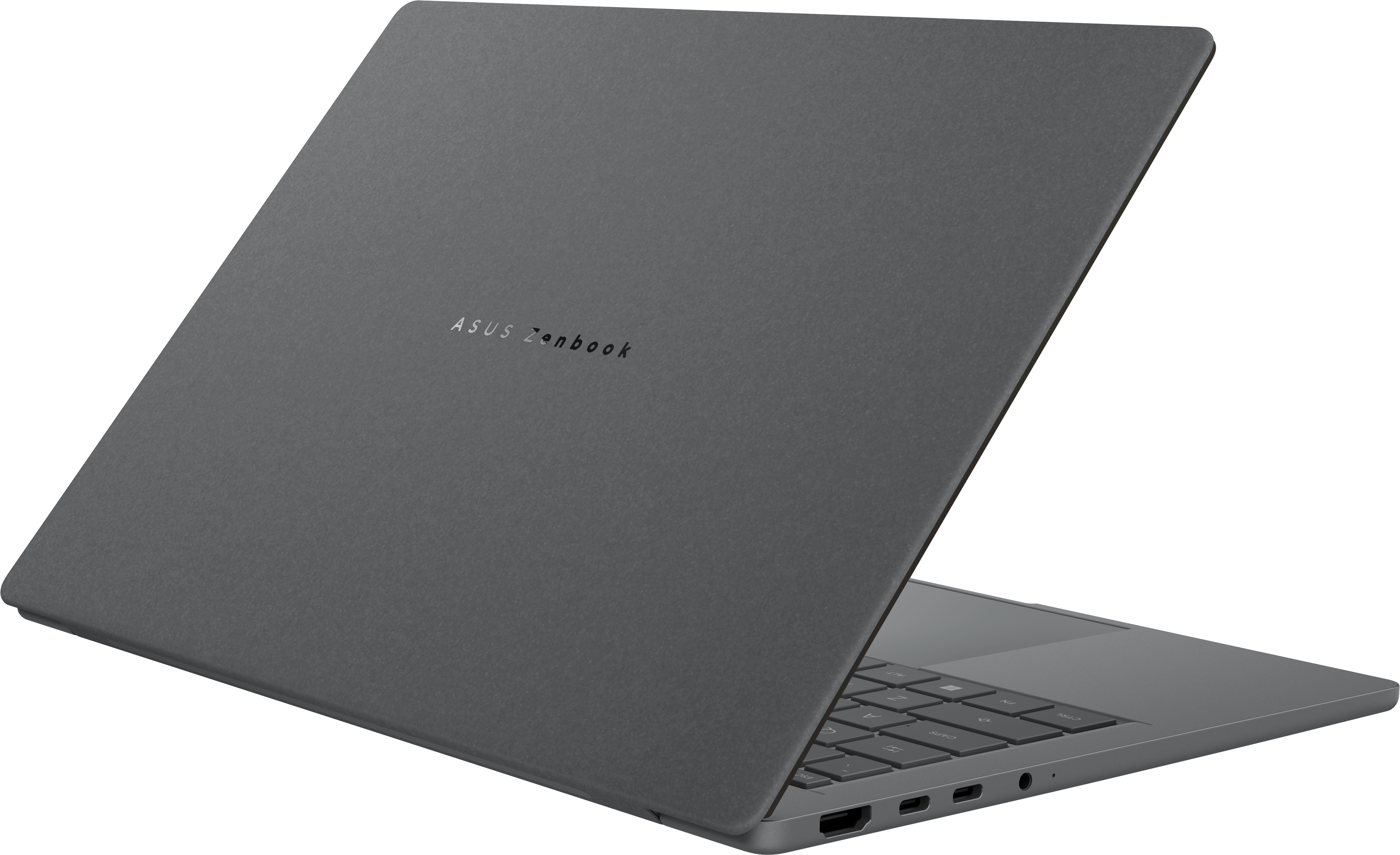 Ein graues Asus Zenbook Laptop mit geöffnetem Deckel, Tastatur und Anschlüssen.