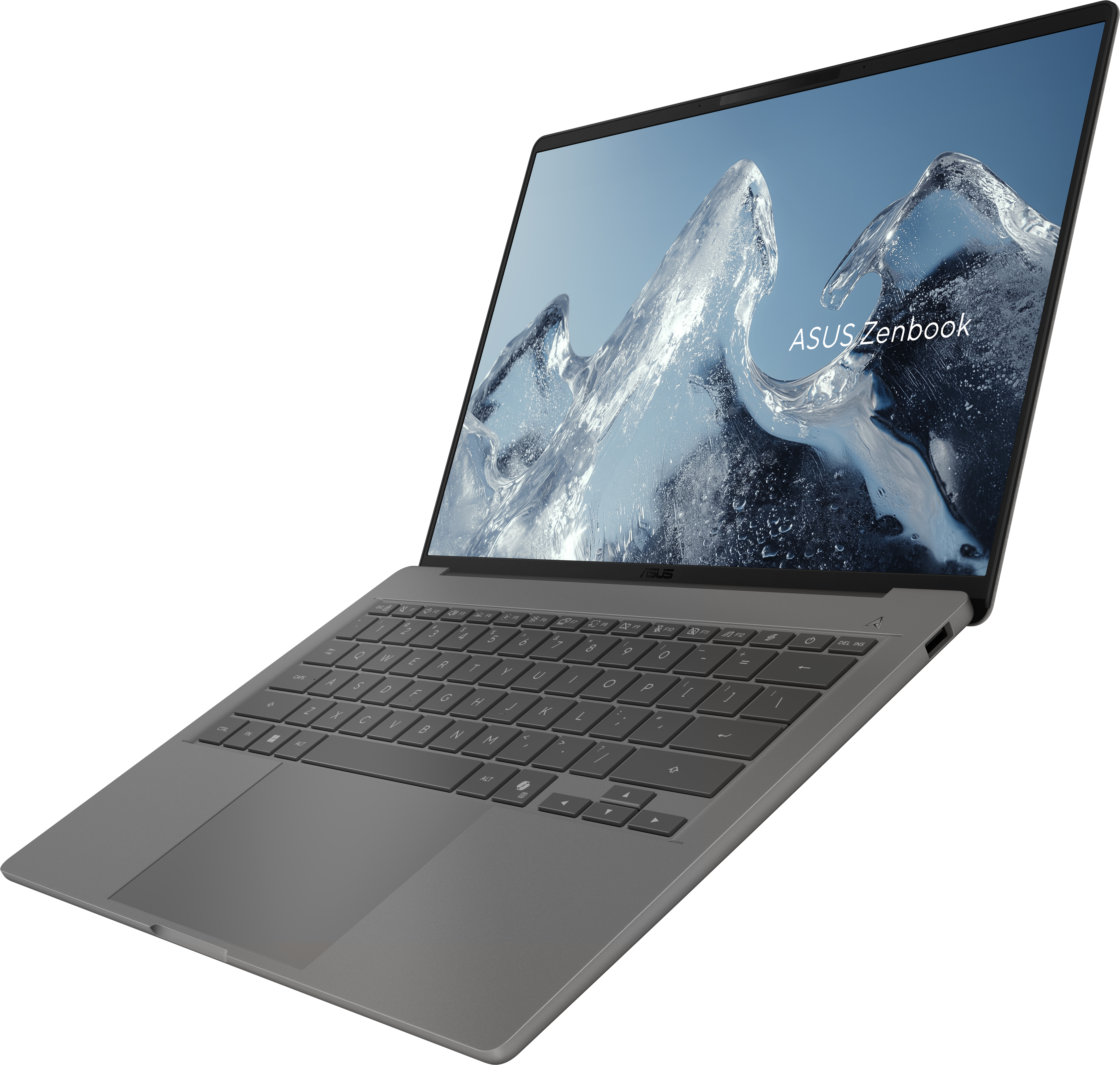 Ein graues ASUS Zenbook Laptop mit einem eisigen Hintergrundbild auf dem Bildschirm.