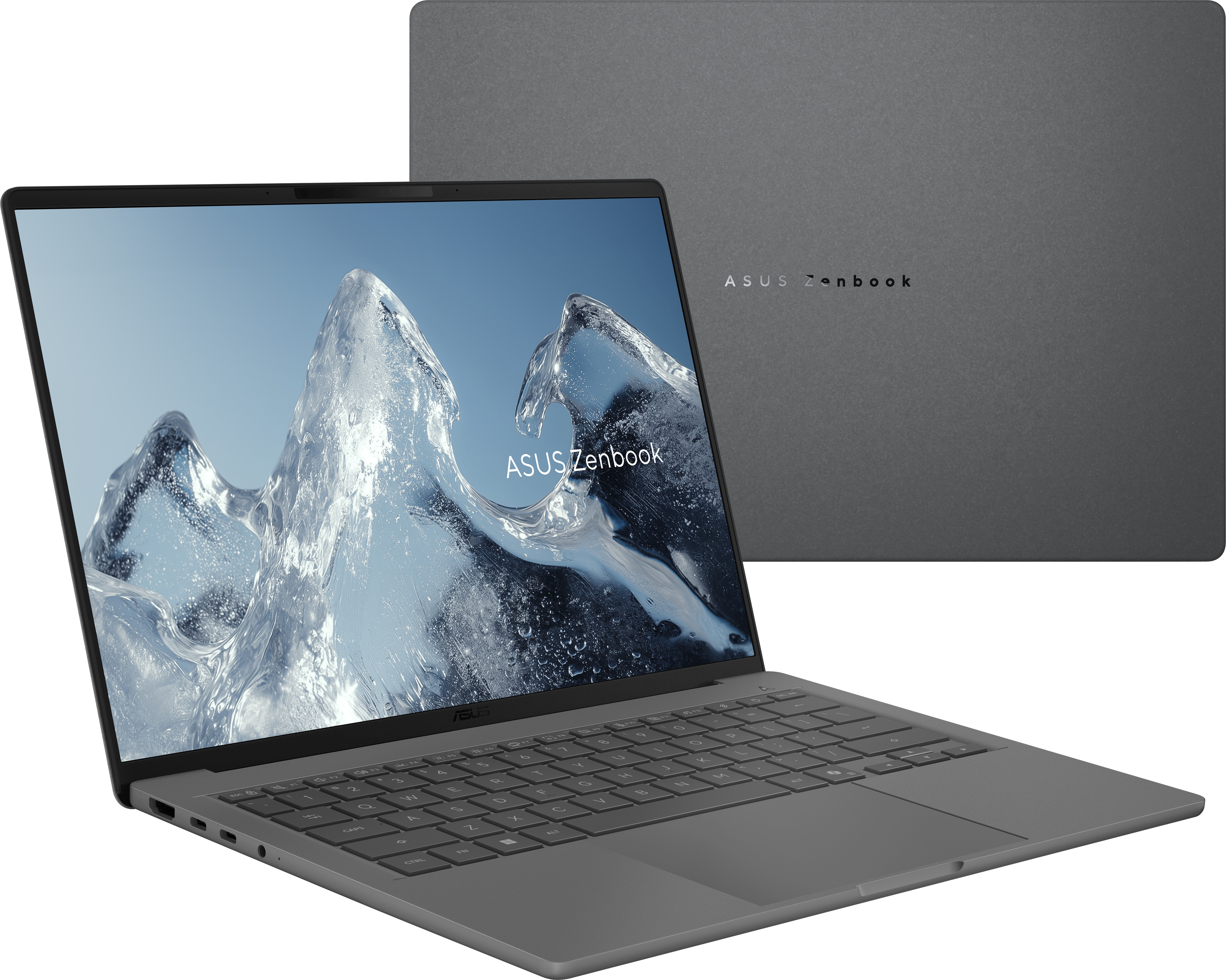 Ein graues Asus Zenbook Laptop mit Eiskristall-Hintergrund auf dem Bildschirm.