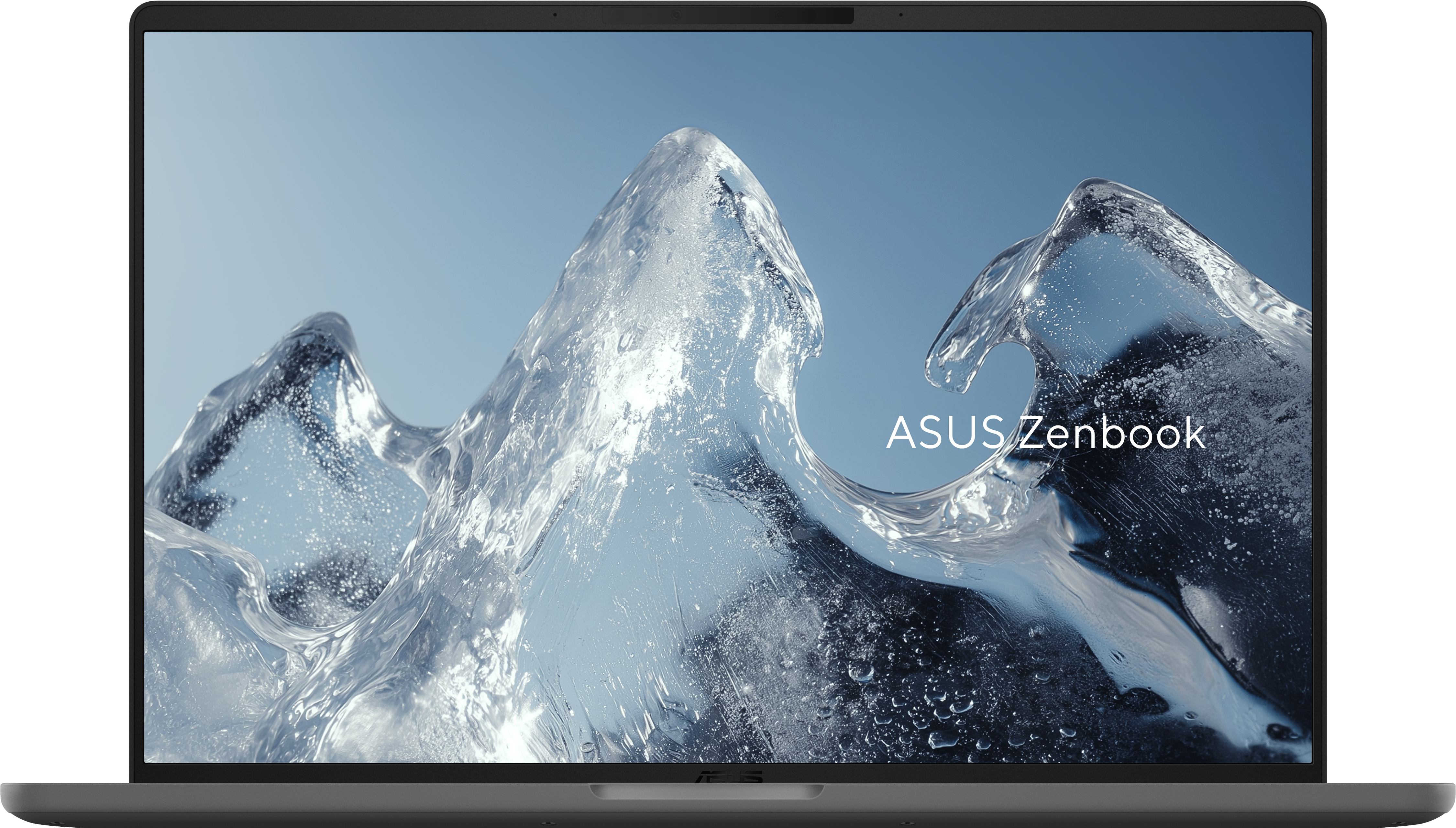 Ein Laptop mit einem eisähnlichen Bild und dem Schriftzug ASUS Zenbook.