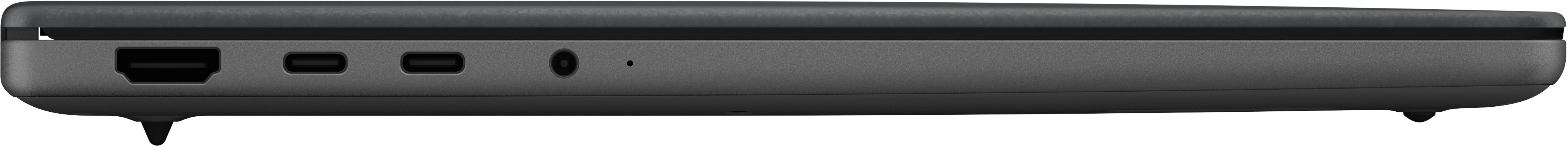 Graues Laptop-Gehäuse mit HDMI-, USB-C-Anschlüssen und Kopfhöreranschluss.