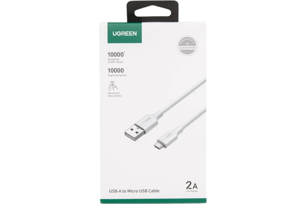 UGREEN USB-A - Micro USB Kablosu, beyaz, 2A, 10.000+ bükülmeye dayanıklı.