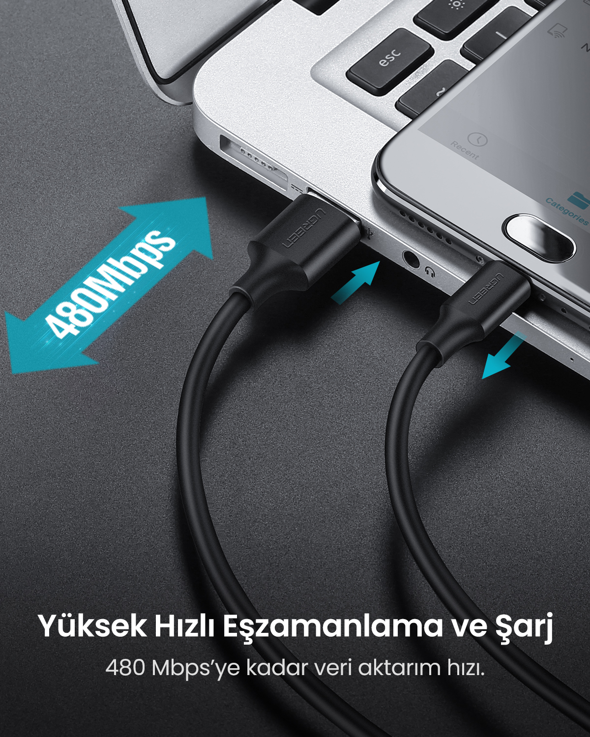 Siyah USB kablosu, dizüstü bilgisayar ve akıllı telefonu 480 Mbps hızında bağlar.