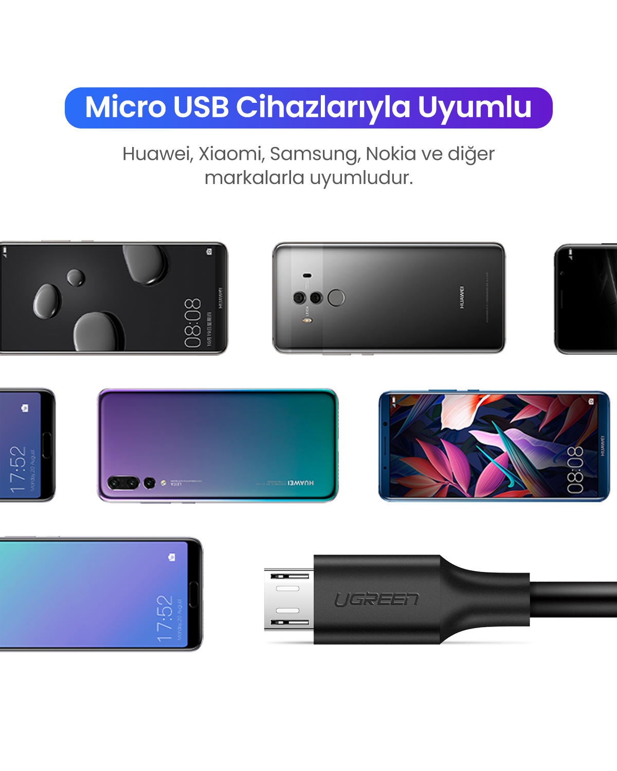 Birden fazla akıllı telefon ve siyah bir UGREEN Micro USB kablosu gösteriliyor.