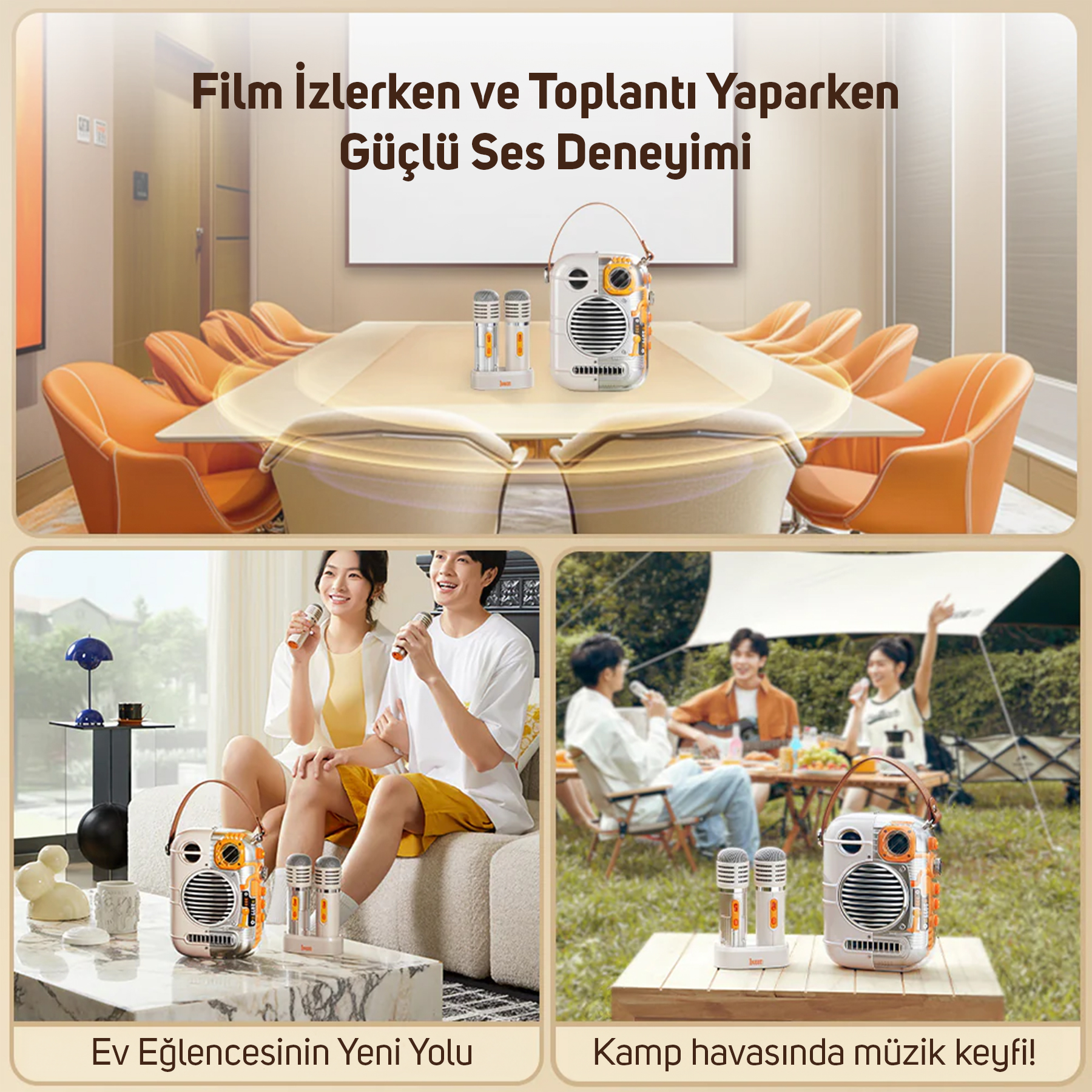 Toplantı odası, oturma odası ve kamp alanında mikrofonlu hoparlör.