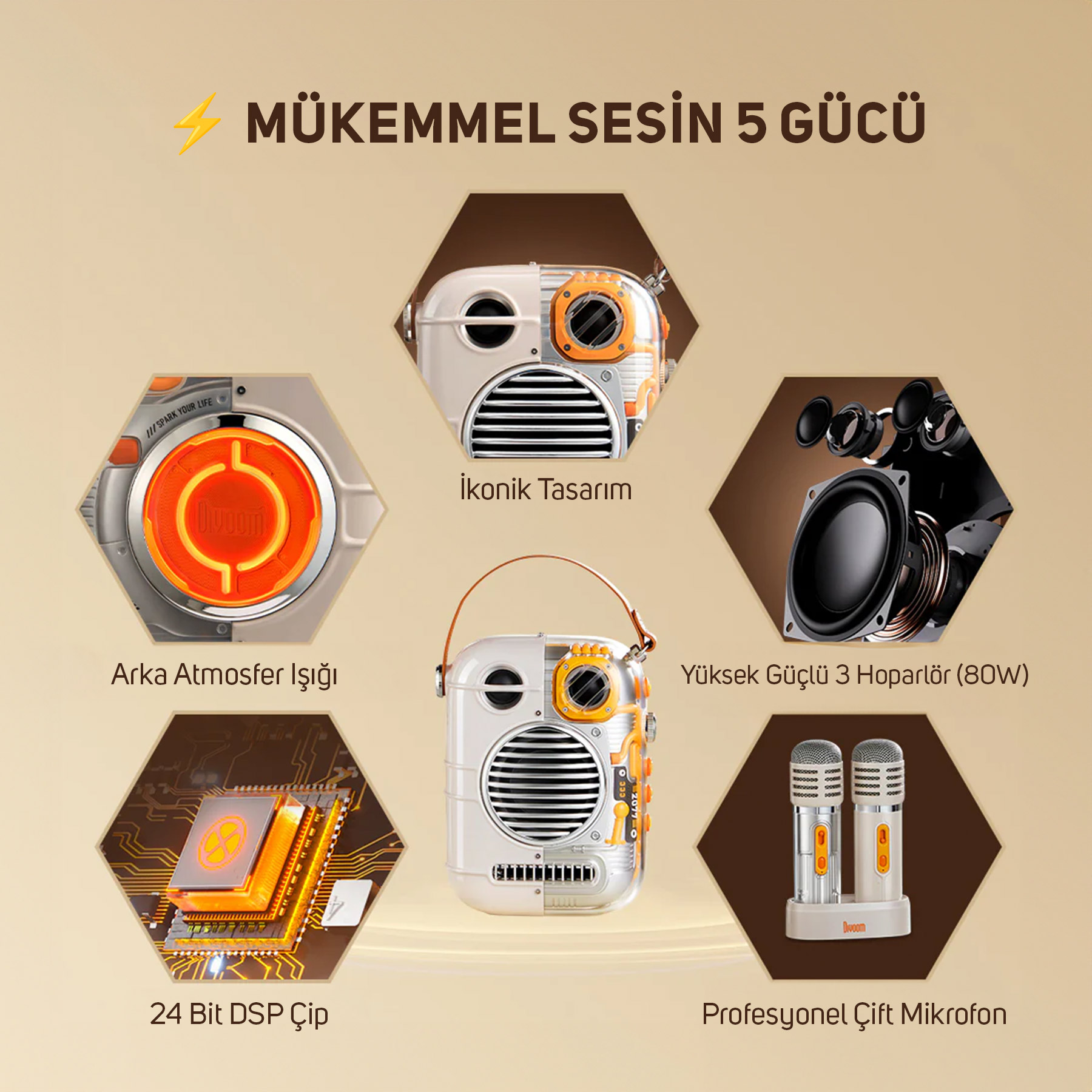 DIVOOM Spark Pro Çift Mikrofonlu 80 W Bluetooth Karaoke Hoparlör