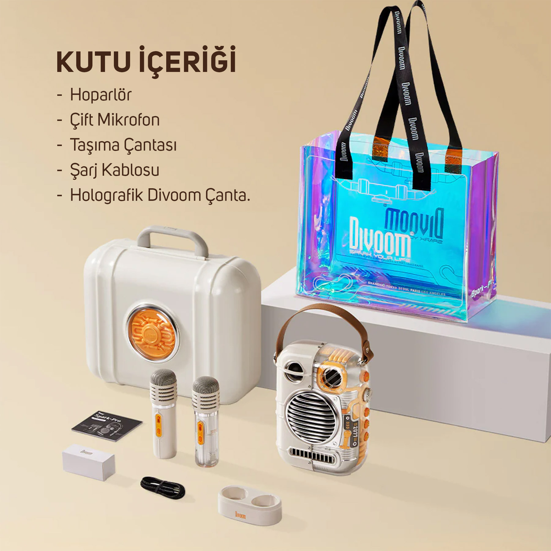 Kutu içeriği: Hoparlör, 2 mikrofon, çanta, şarj kablosu, holografik çanta.
