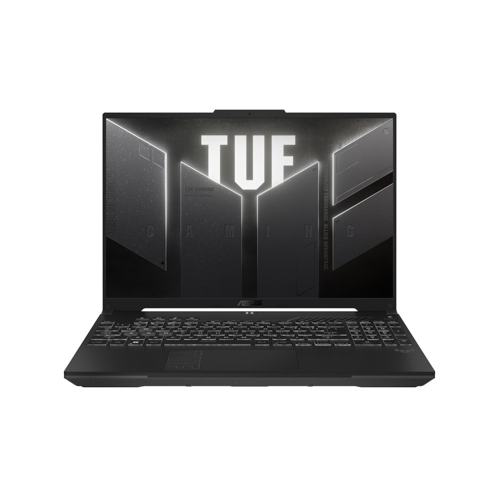 Ekranında TUF logosu ve arkadan aydınlatmalı klavyesi olan siyah dizüstü bilgisayar.