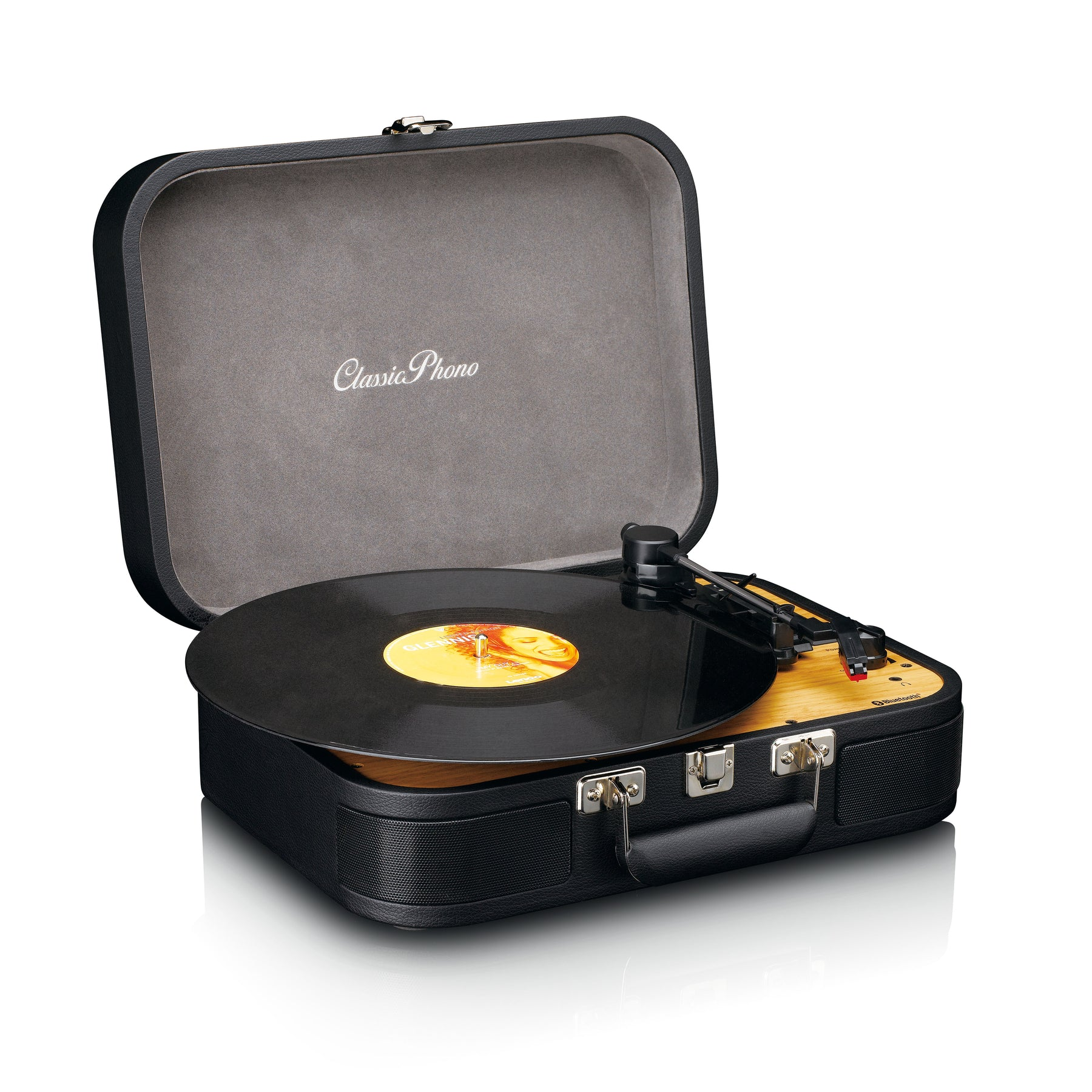 Vinil plaklı ve tonearmlı siyah bavul pikap.