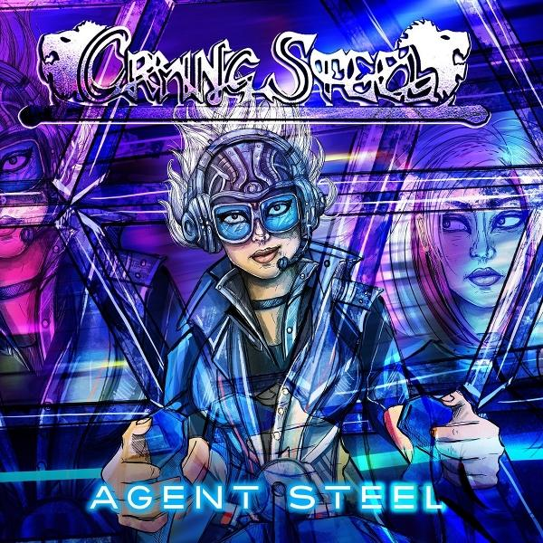 Agent Steel: Drei Figuren mit futuristischer Kleidung vor einem lila-blauen Hintergrund.