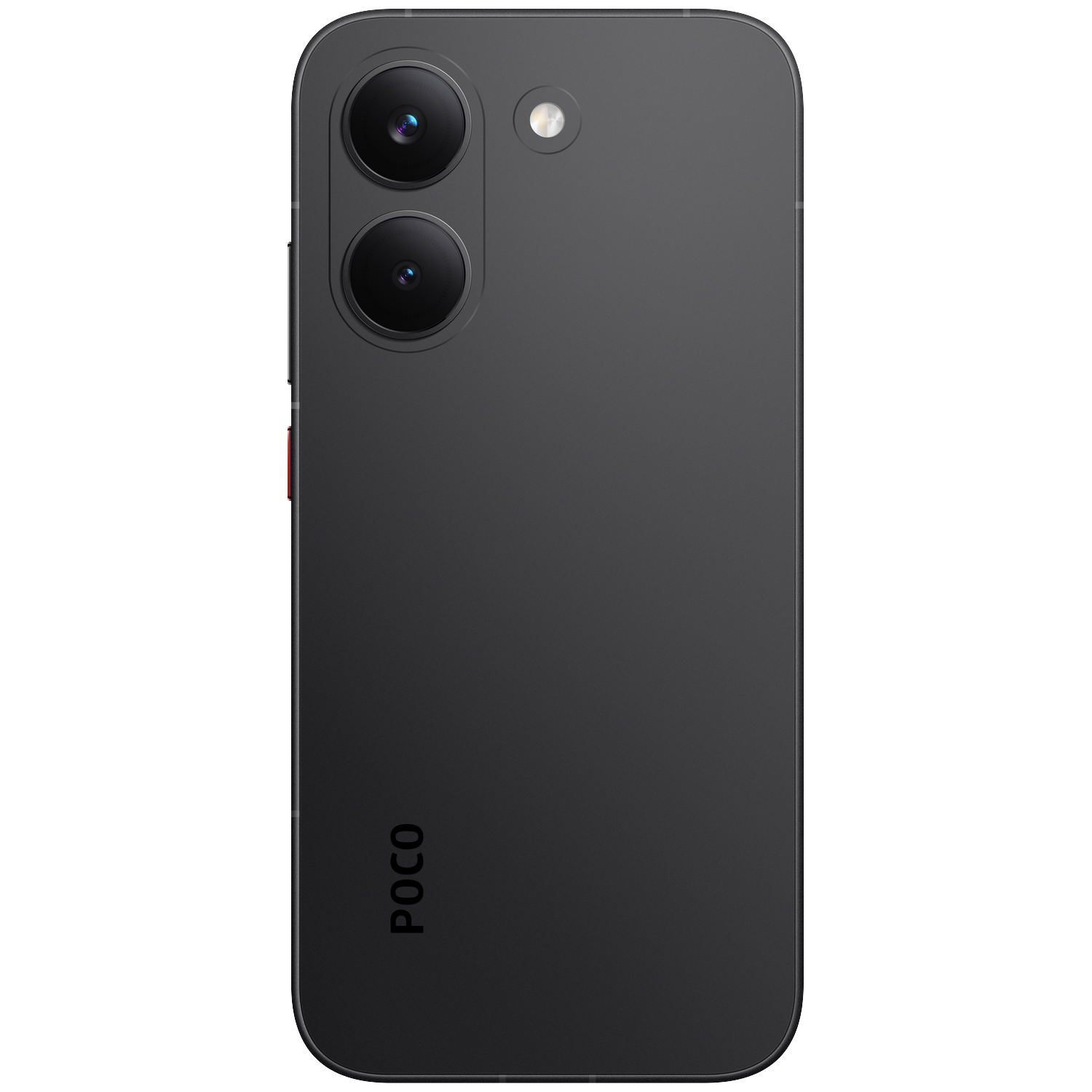 Rear view of a dark POCO smartphone with two camera lenses and a flash.