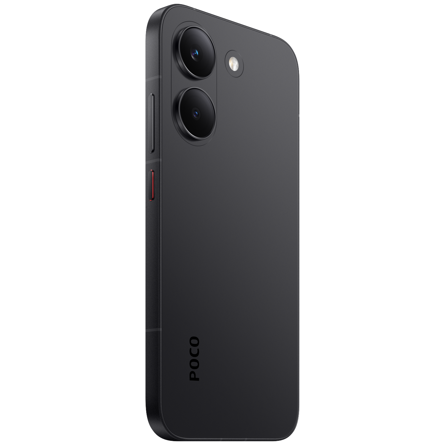 Dark gray smartphone with two cameras, flash, and POCO logo, viewed from the right.