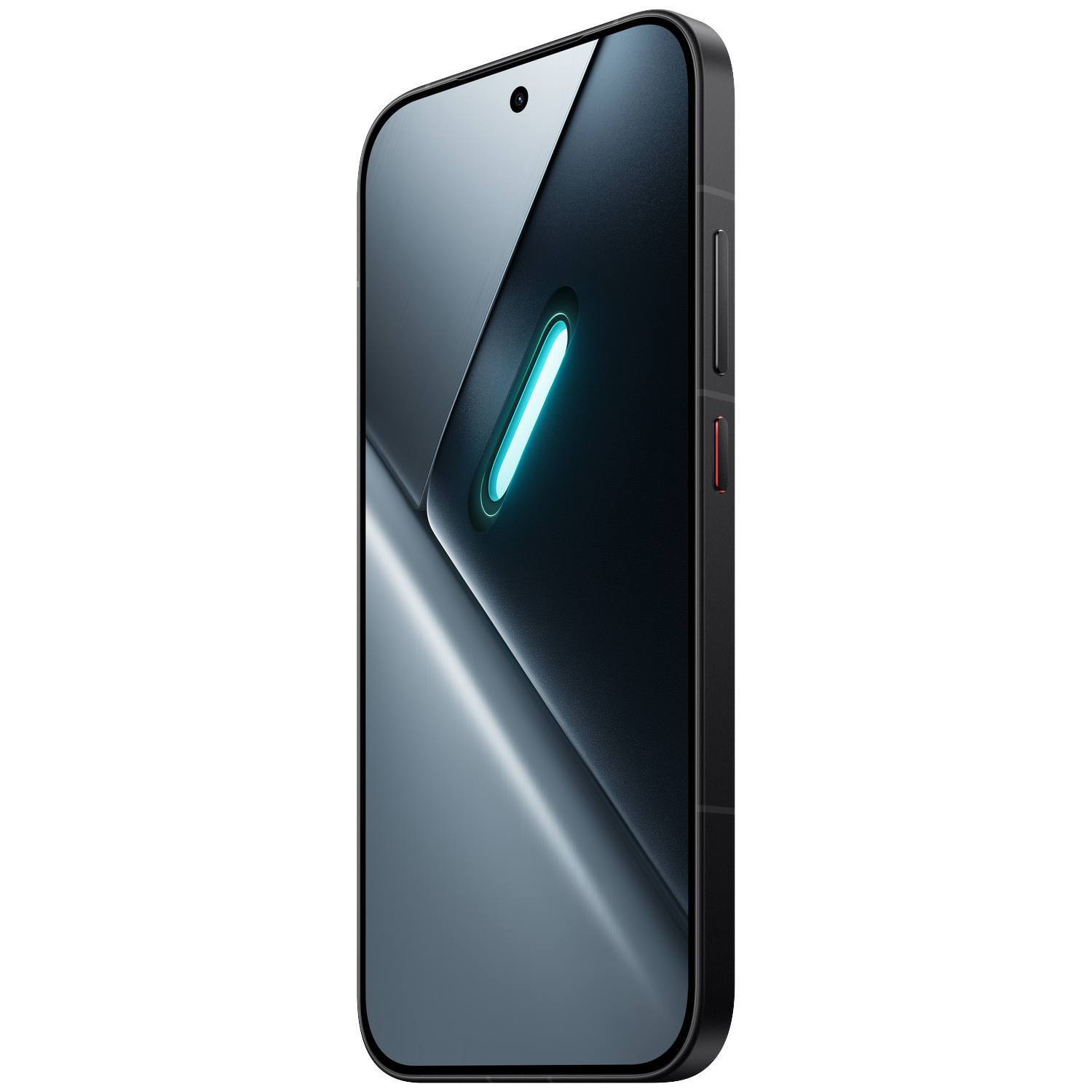 A black smartphone with a glowing blue stripe on its screen.