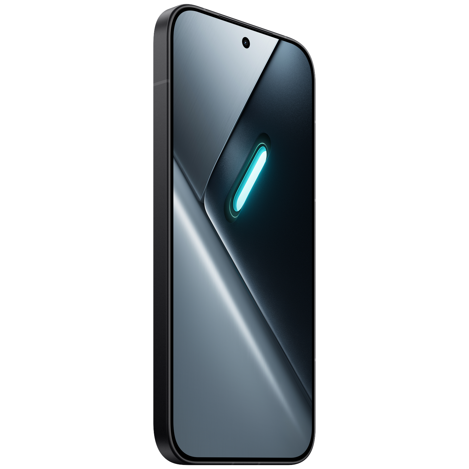 A black smartphone with a bright blue accent light on its right side.