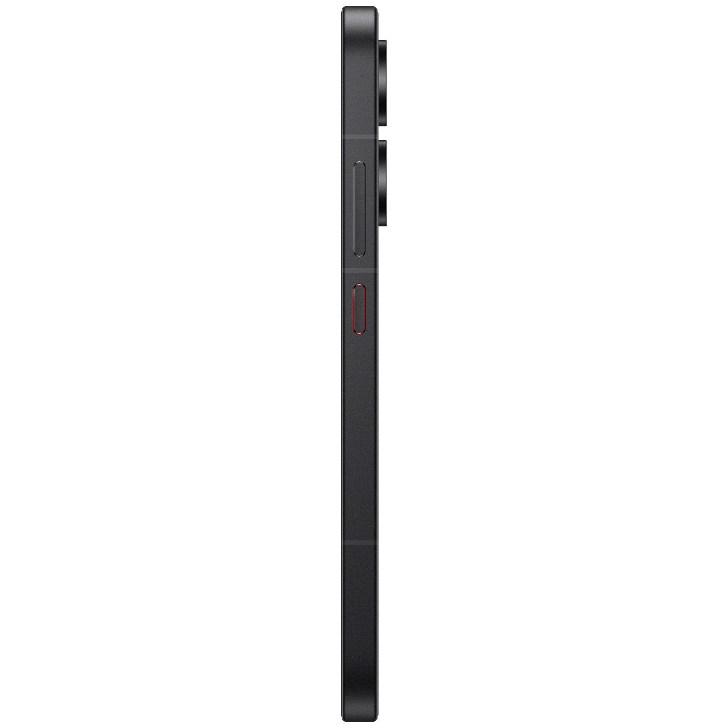 Black smartphone seen from the side, showing cameras and a red button.
