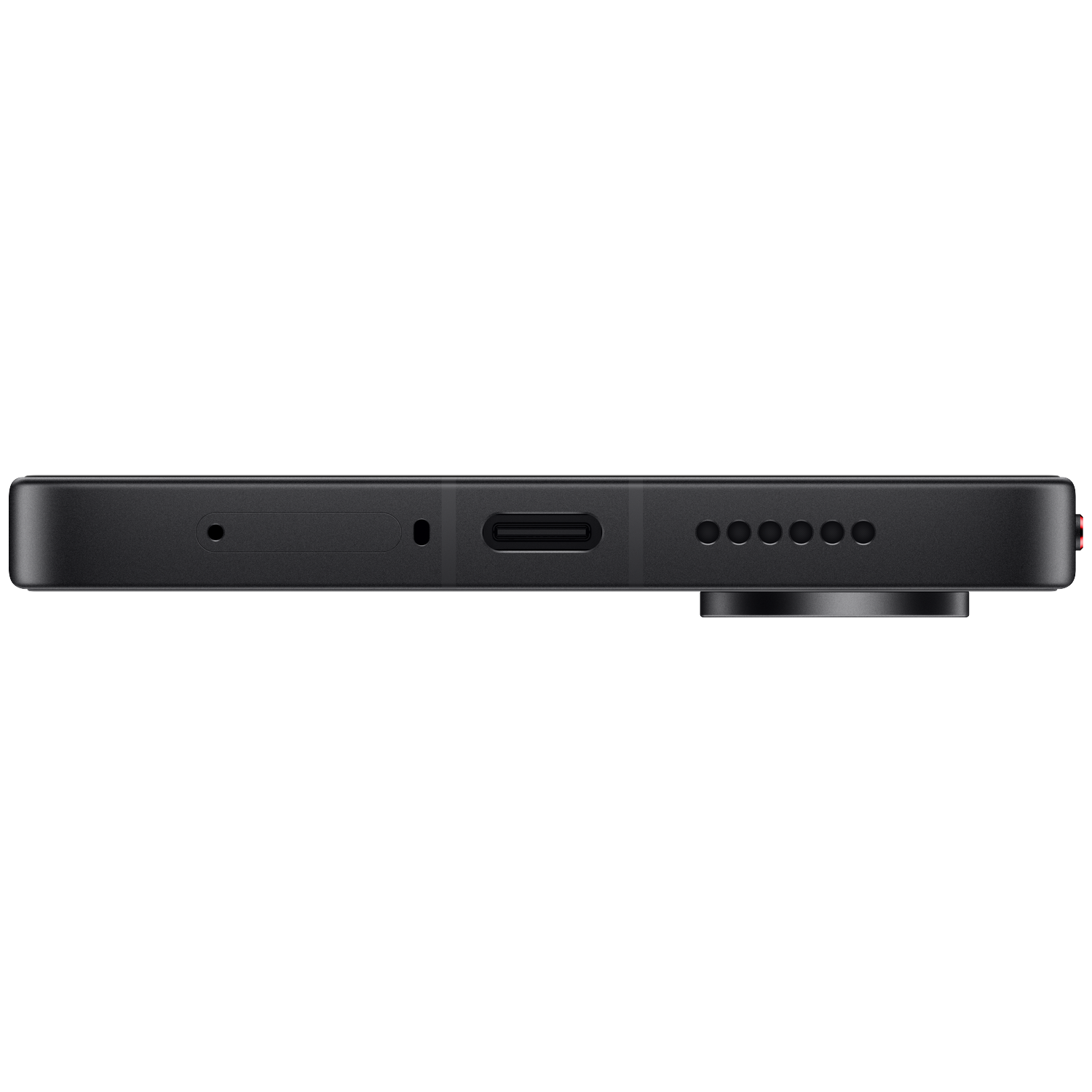 Close-up of the bottom of a black smartphone, showing charging port and speaker grilles.