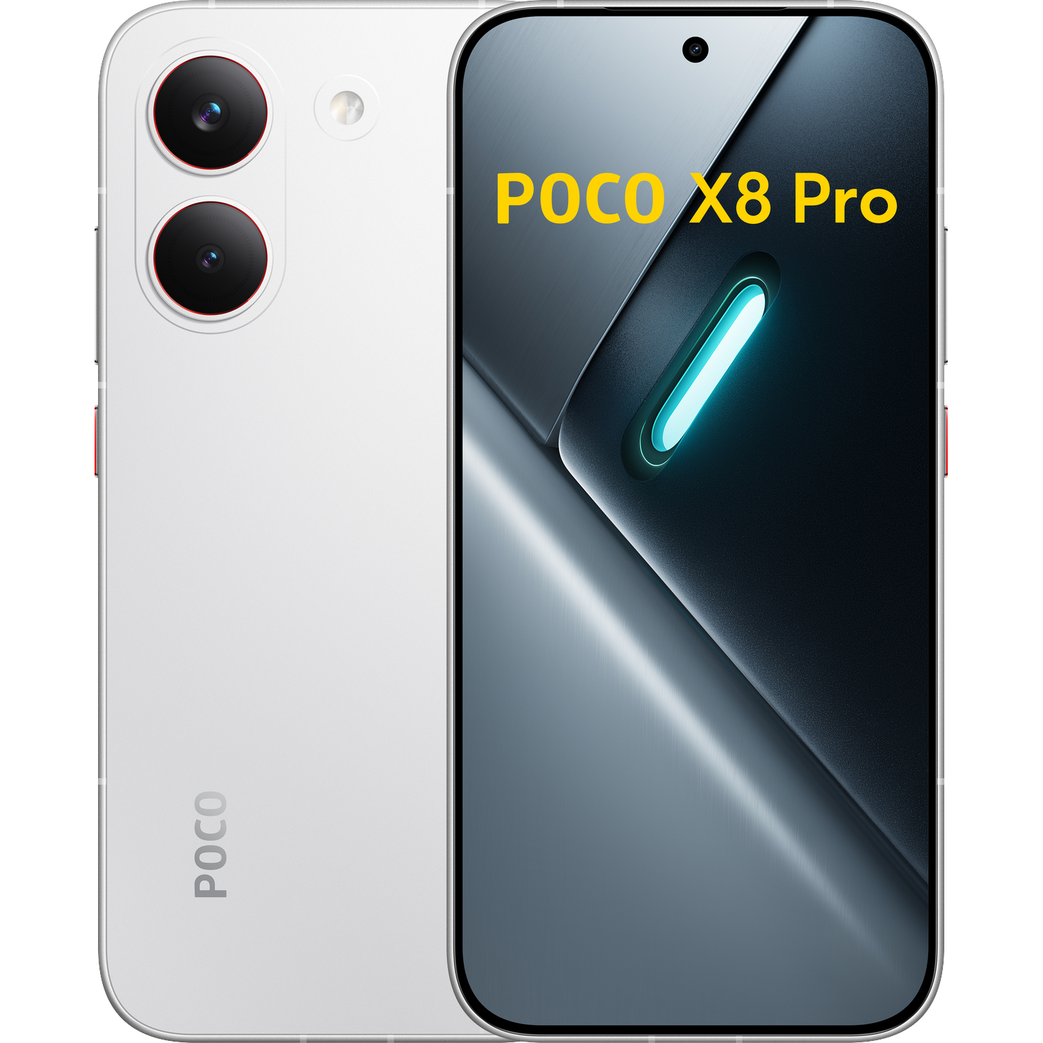 Een witte POCO X8 Pro smartphone met twee camera's aan de achterkant.