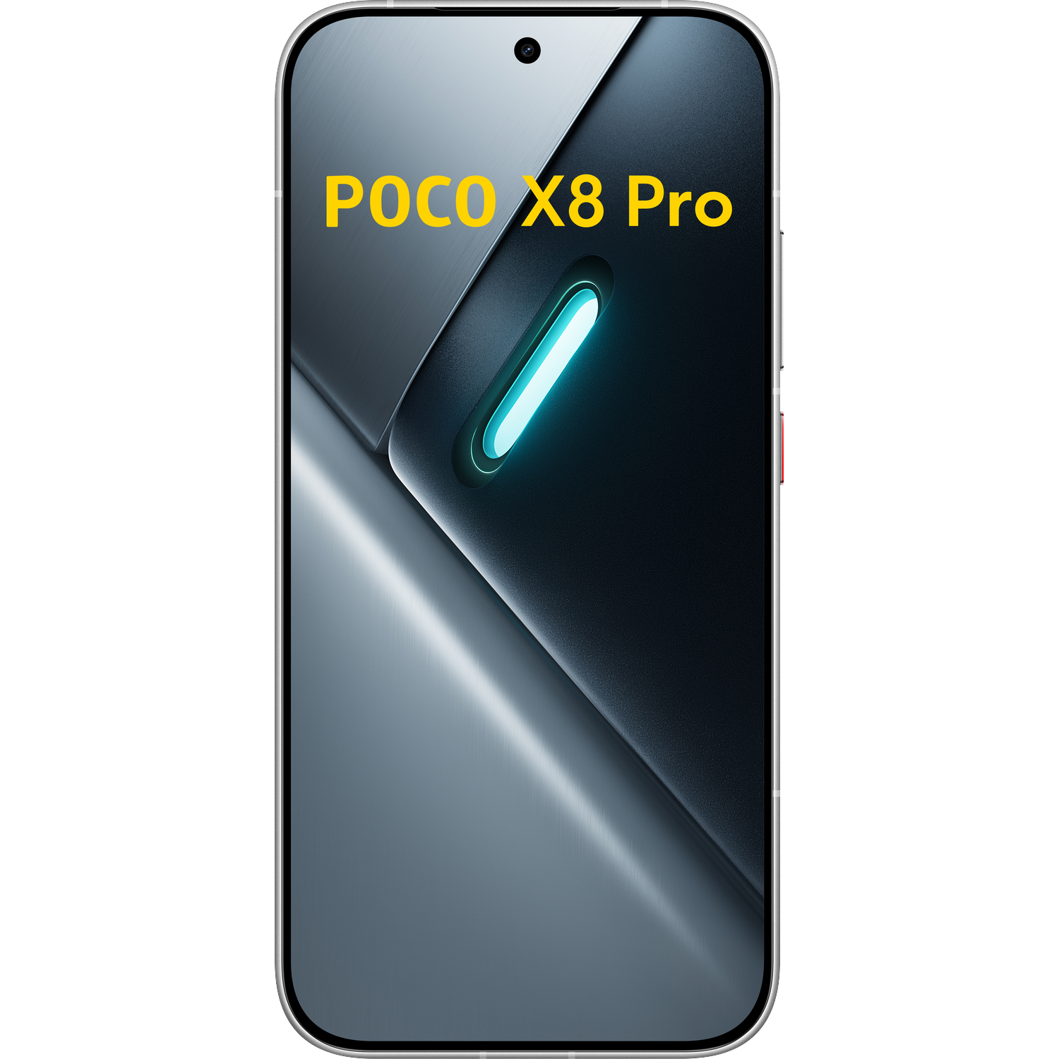 POCO X8 Pro tekst op smartphone met blauwe lichtstrip.