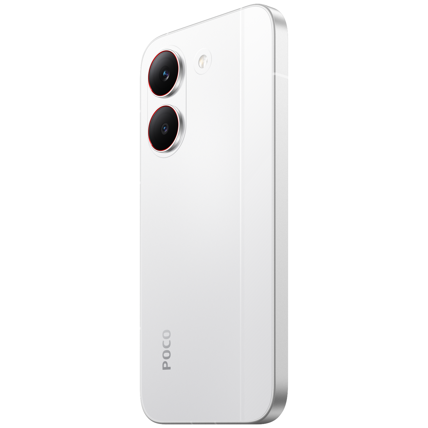 Witte smartphone achterkant met twee camera's en POCO-logo.
