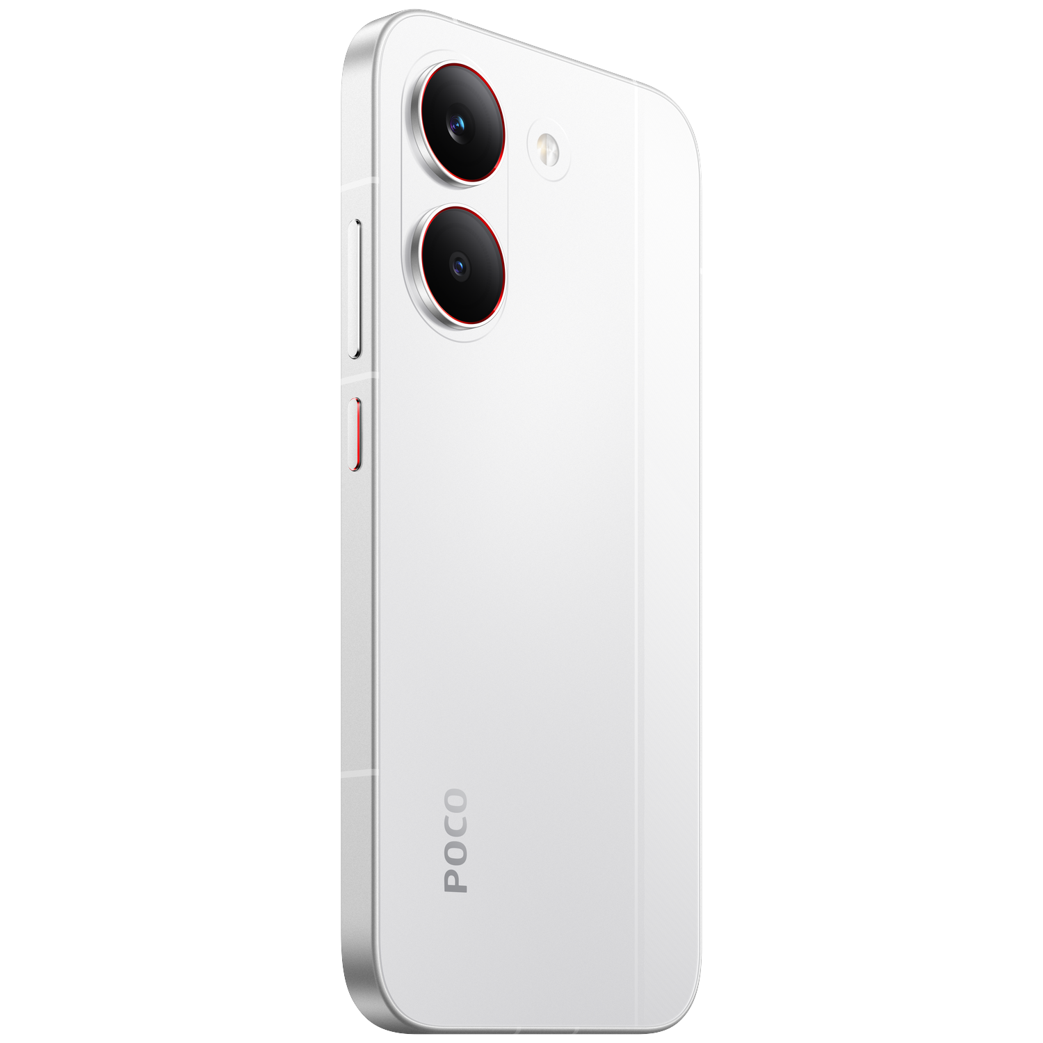 Een witte smartphone met twee camera's, rode ring en POCO-logo.