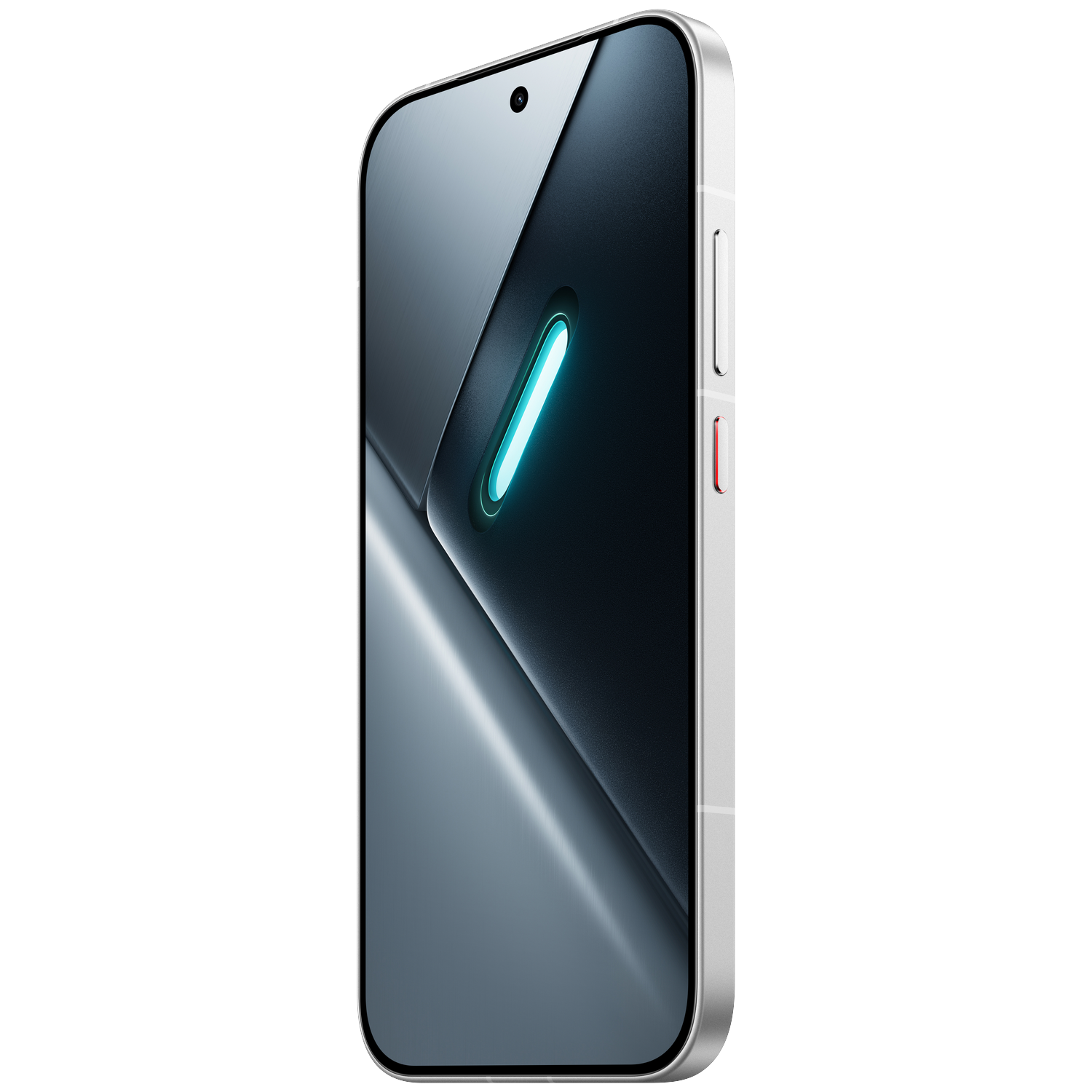 Een zilveren smartphone met blauw licht op het scherm, op een zwarte achtergrond.