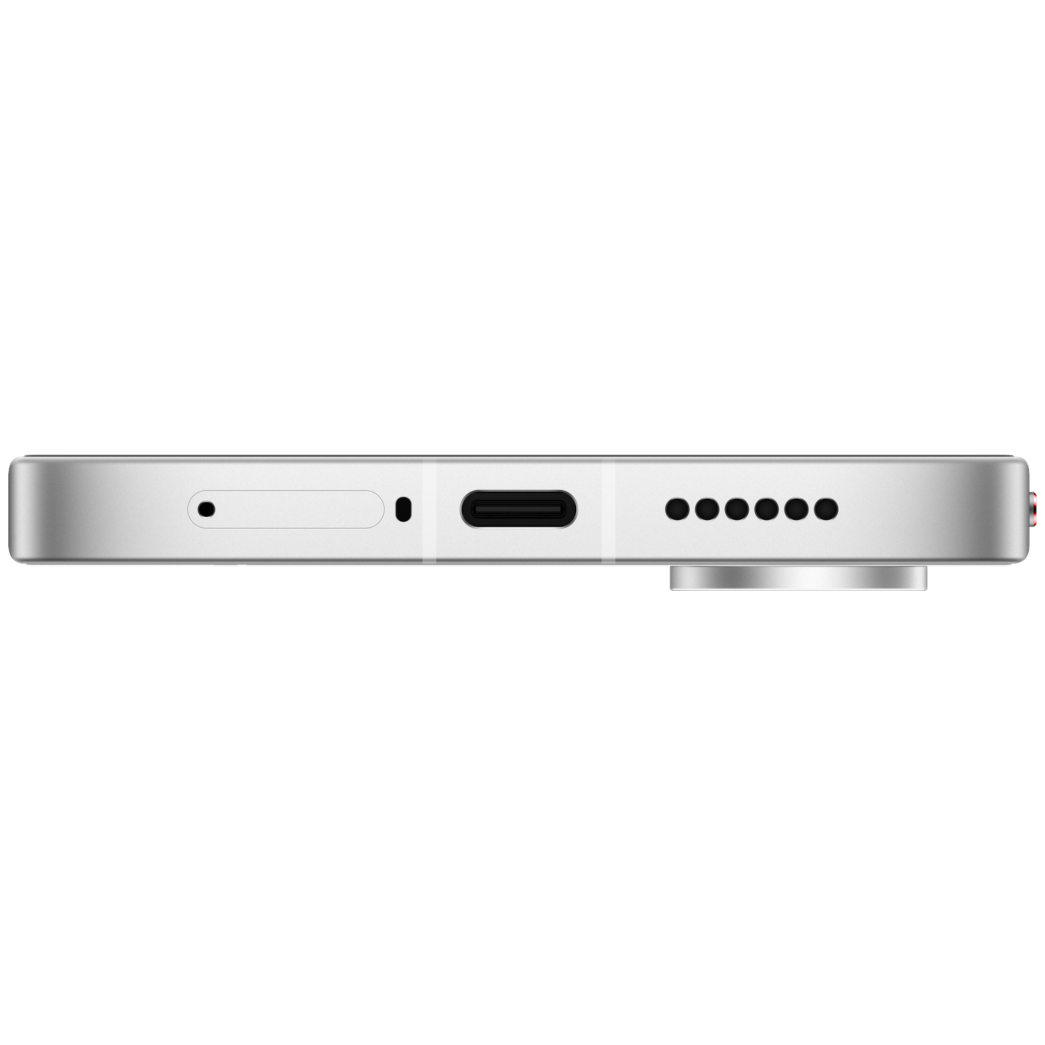 Close-up van de onderkant van een zilveren smartphone met USB-C-poort en luidsprekers.