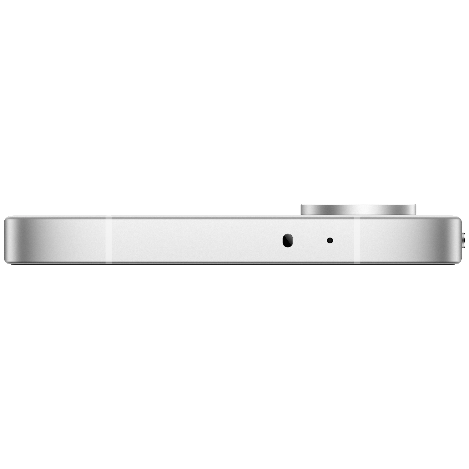 Zilveren smartphone met een zwarte stip en een klein cirkeltje aan de zijkant.