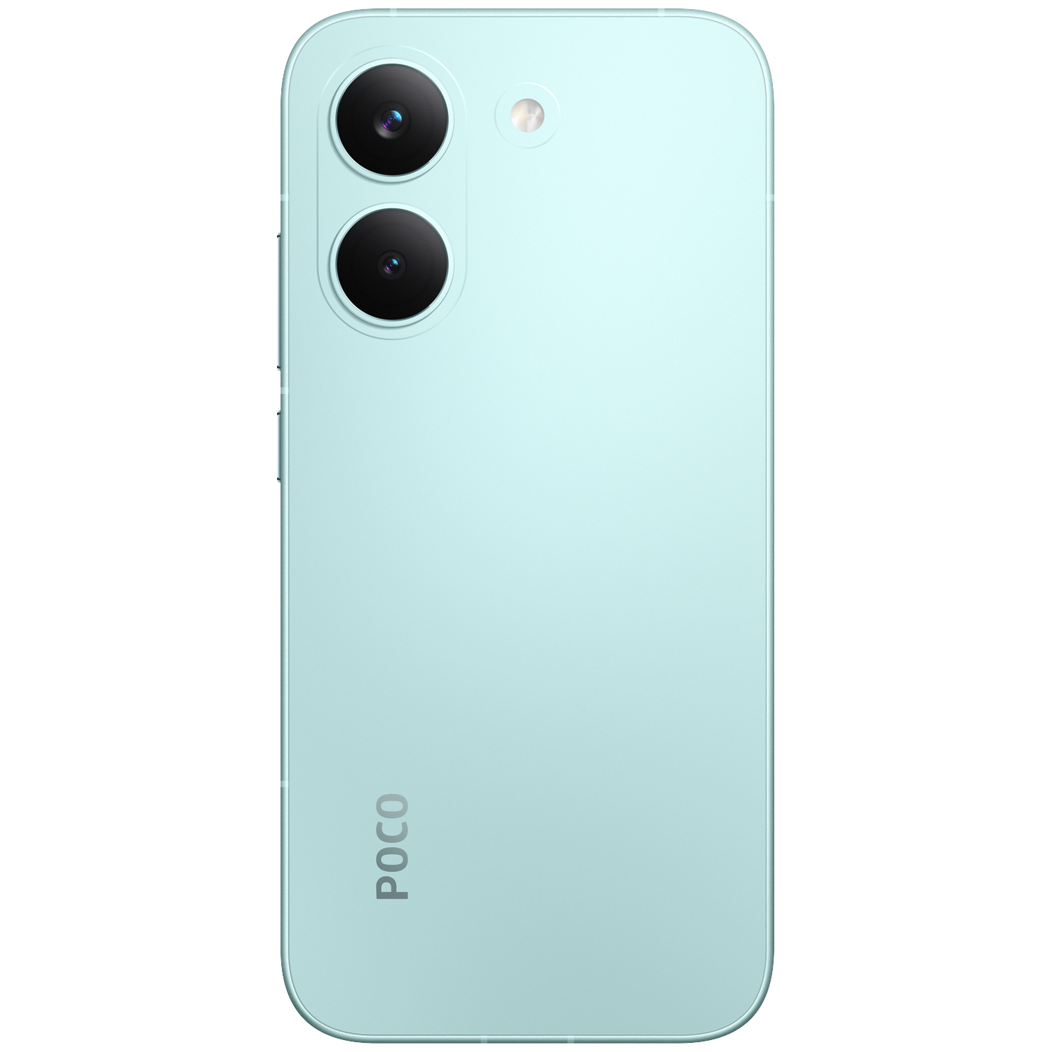 A light blue smartphone featuring two cameras and the POCO logo on its back.