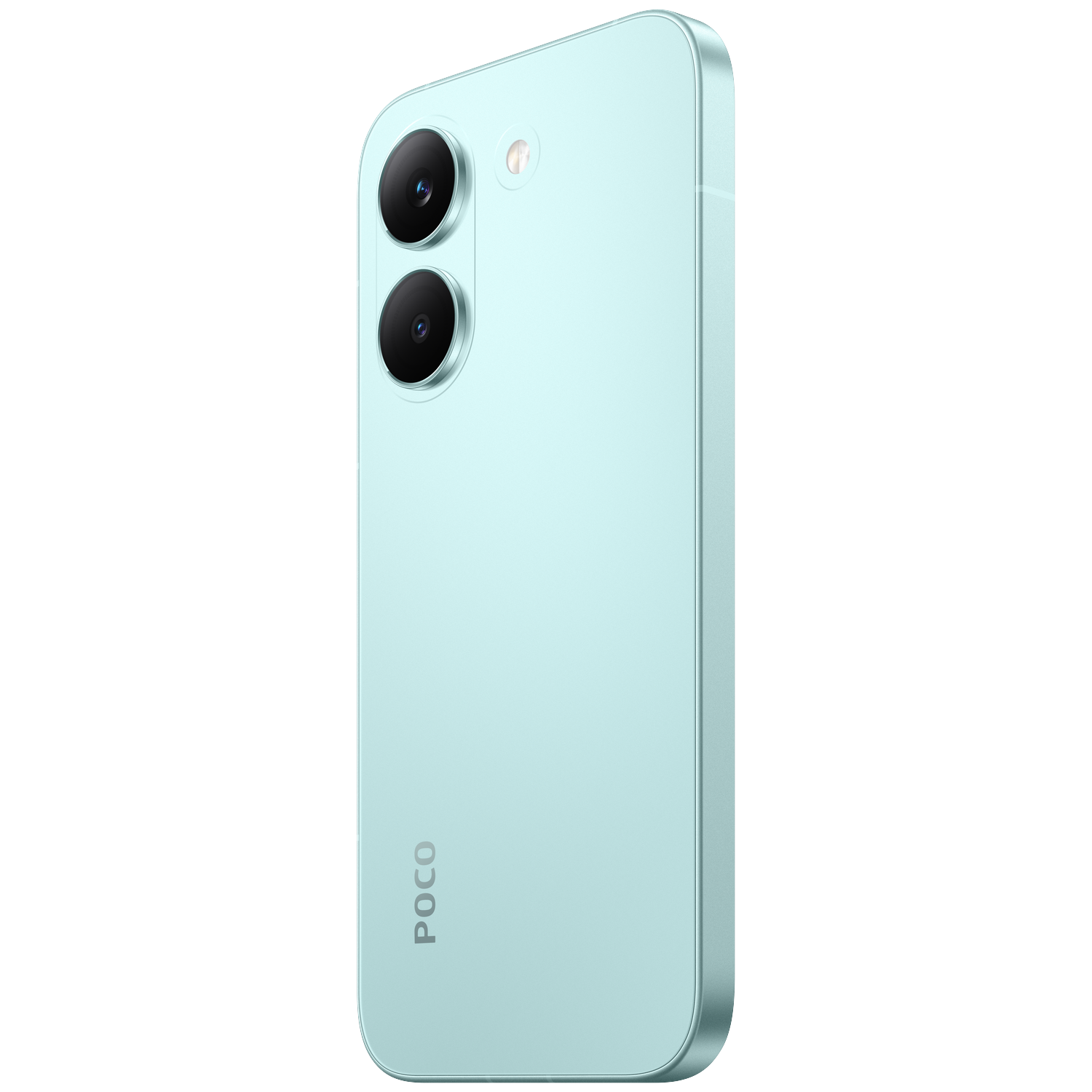 A light blue smartphone with two cameras and a POCO logo on the back.